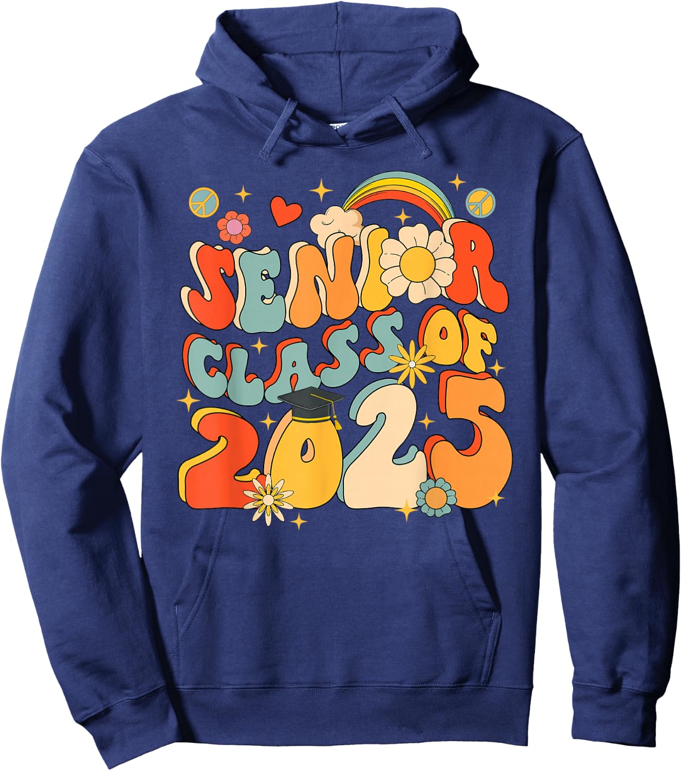 Senior 25 Class Of 2025 Graduation School Retro Groovy Hoodie - Hoodie | Navy