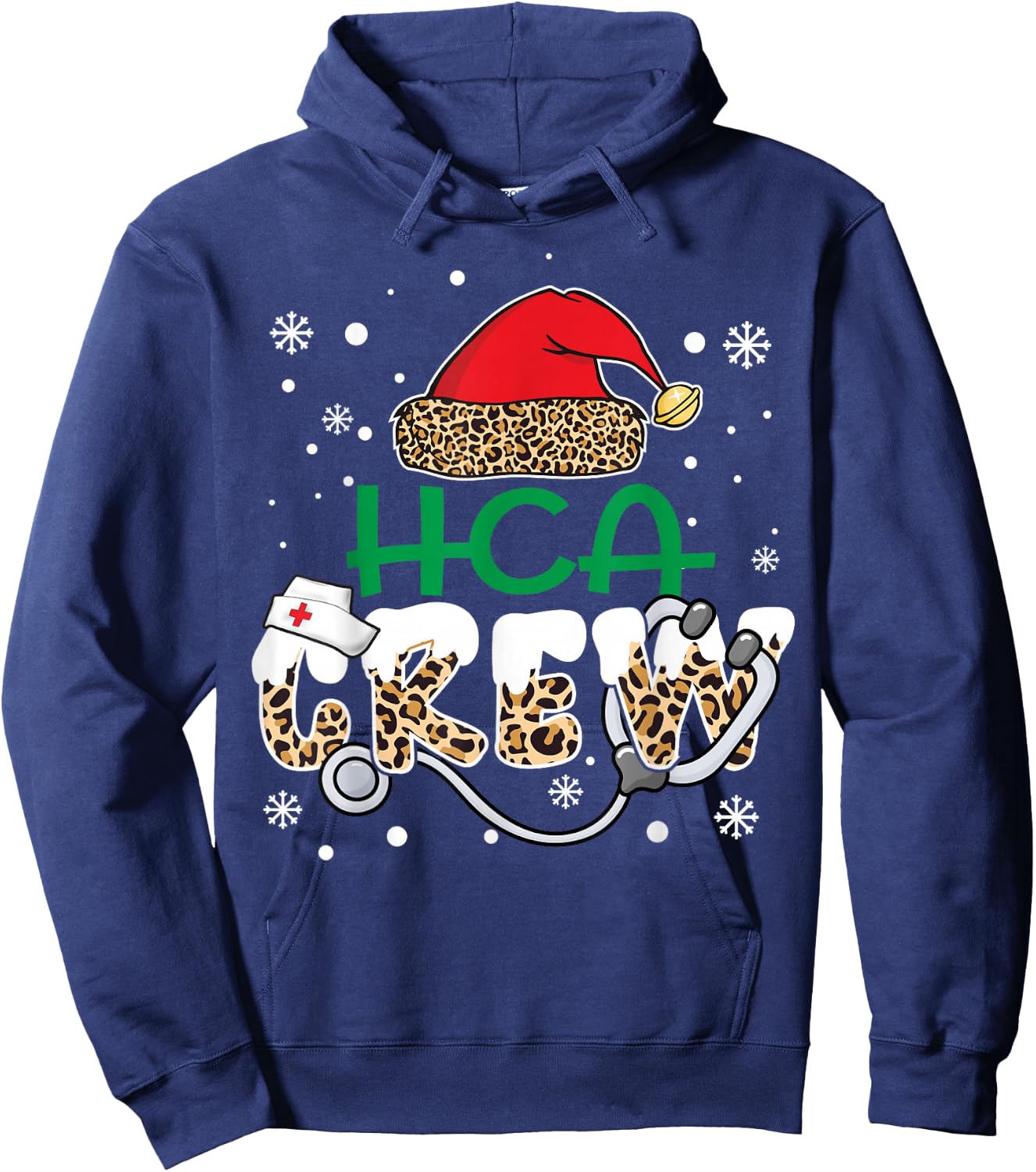 HCA Crew Leopard Santa Hat Stethoscope Funny Nurse Christmas Hoodie - Hoodie | Navy