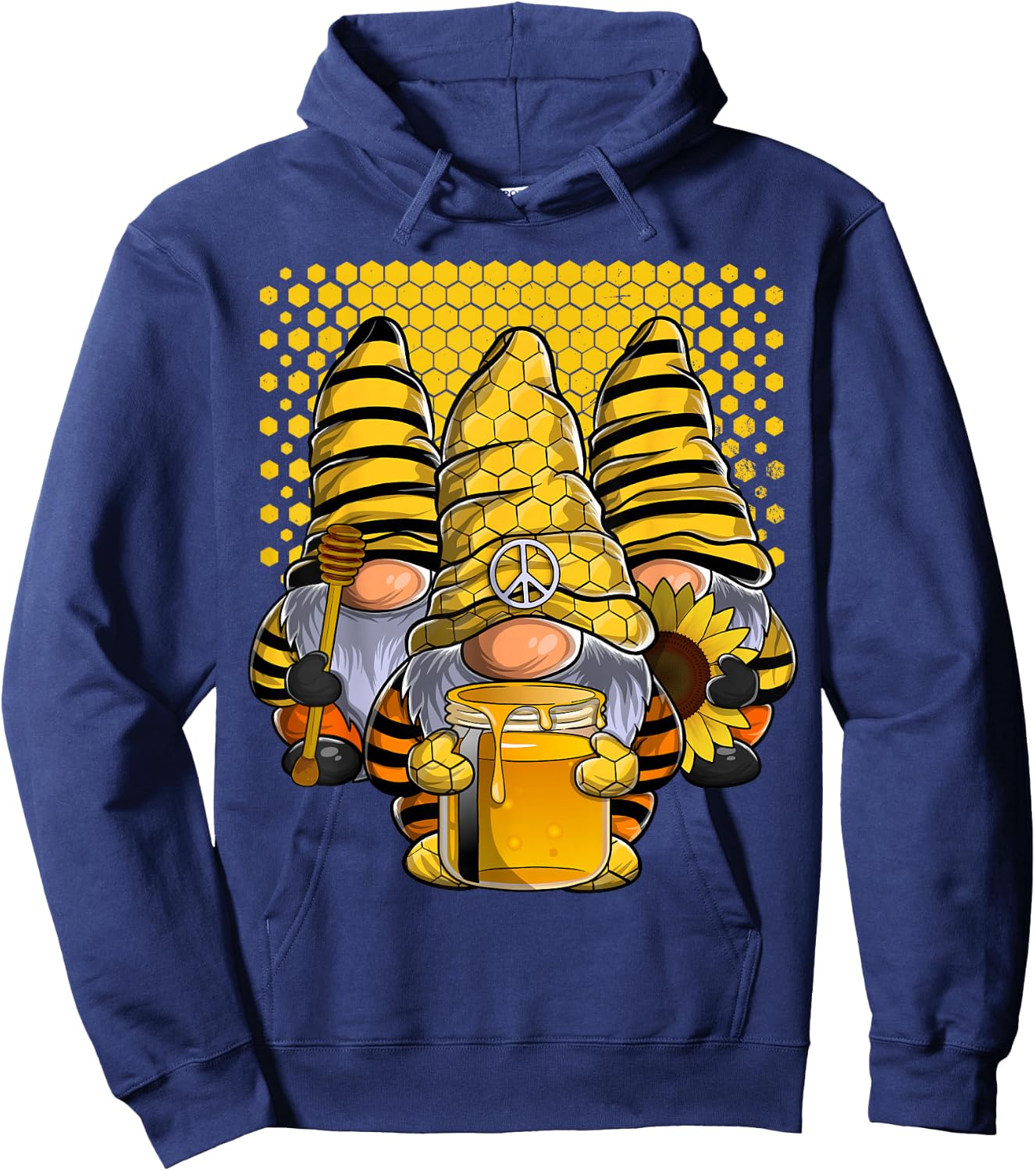 Three Honey Gnomes Sunflower Bee Peace Gnome Hoodie - Hoodie | Navy