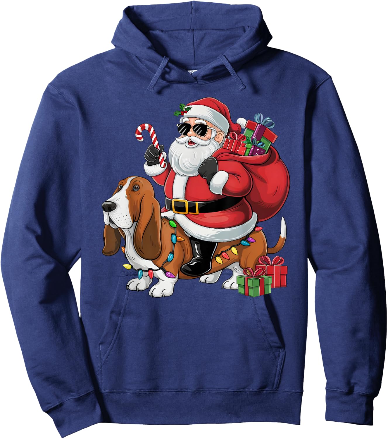 Xmas Lighting Funny Santa Riding Basset Hound Dog Christmas Men Women Kids Hoodie - Hoodie | Navy