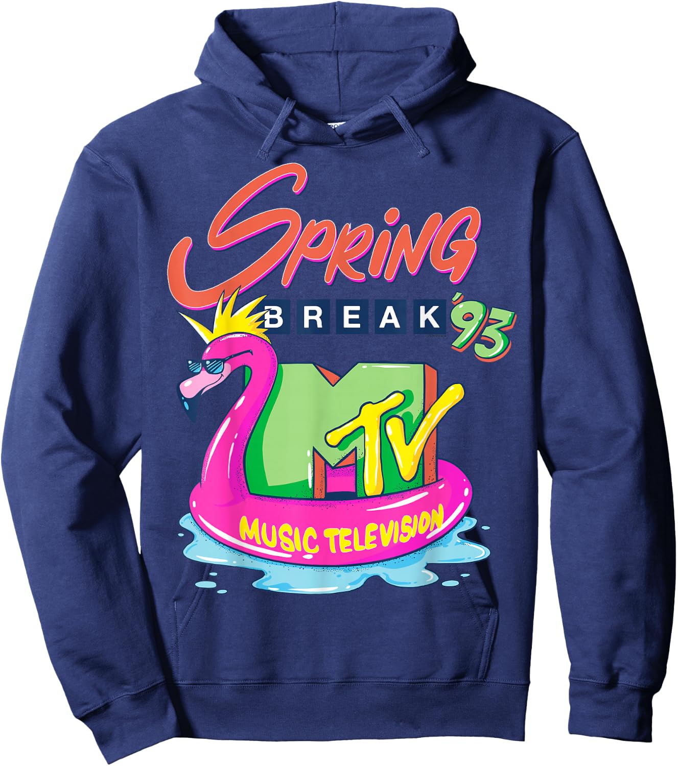 MTV Logo with Pink Flamingo Float - Spring Break '93 Hoodie - Hoodie | Navy