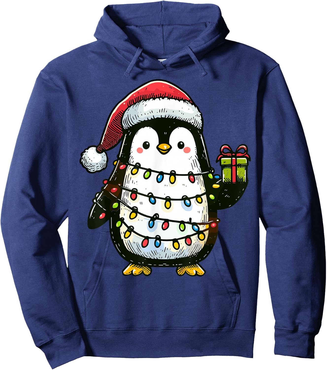Penguin Wearing Santa Claus Hat Holding A Present Box Xmas Hoodie - Hoodie | Navy