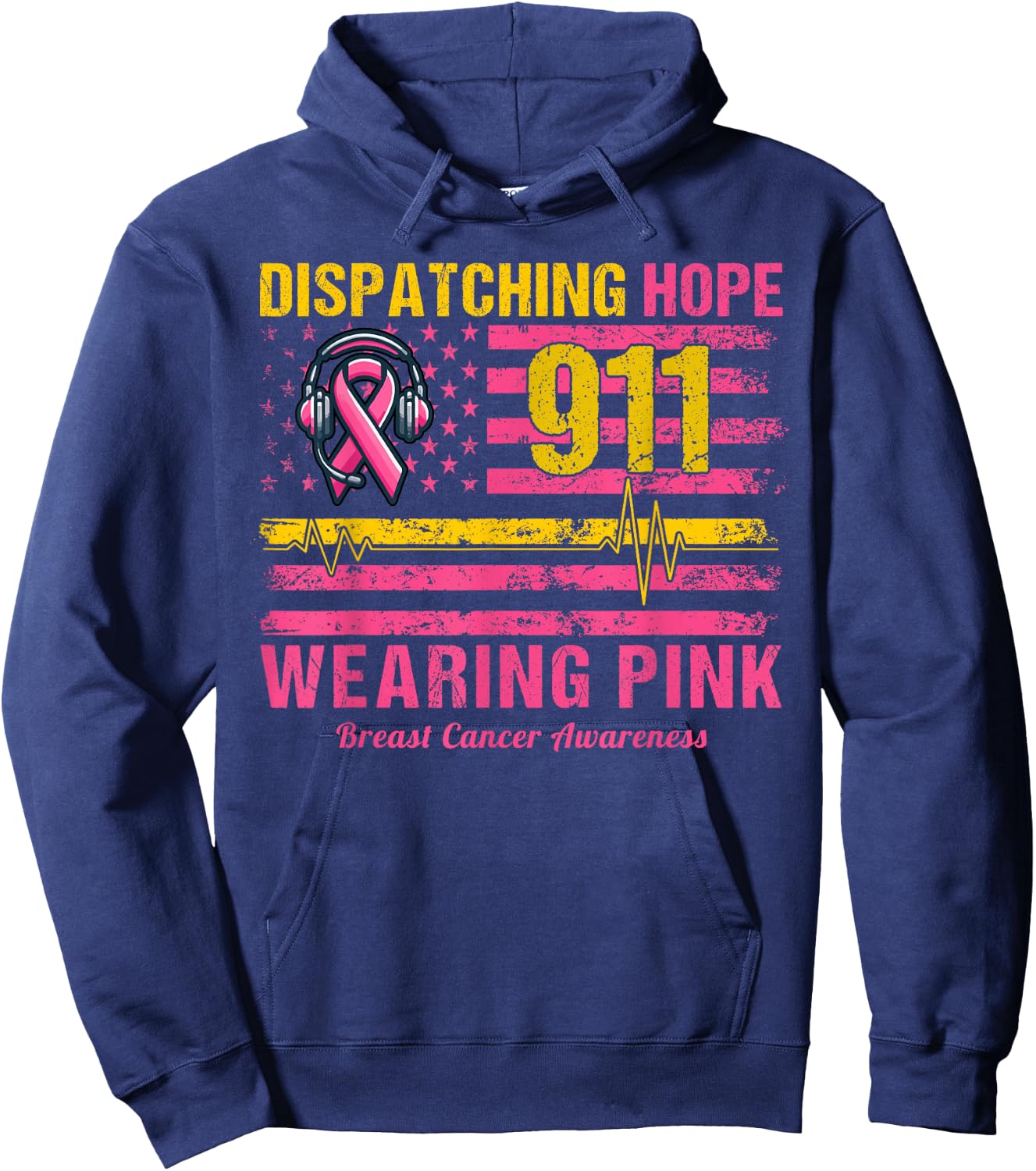 911 Dispatcher Breast Cancer Awareness US Flag We Wear Pink Hoodie - Hoodie | Navy