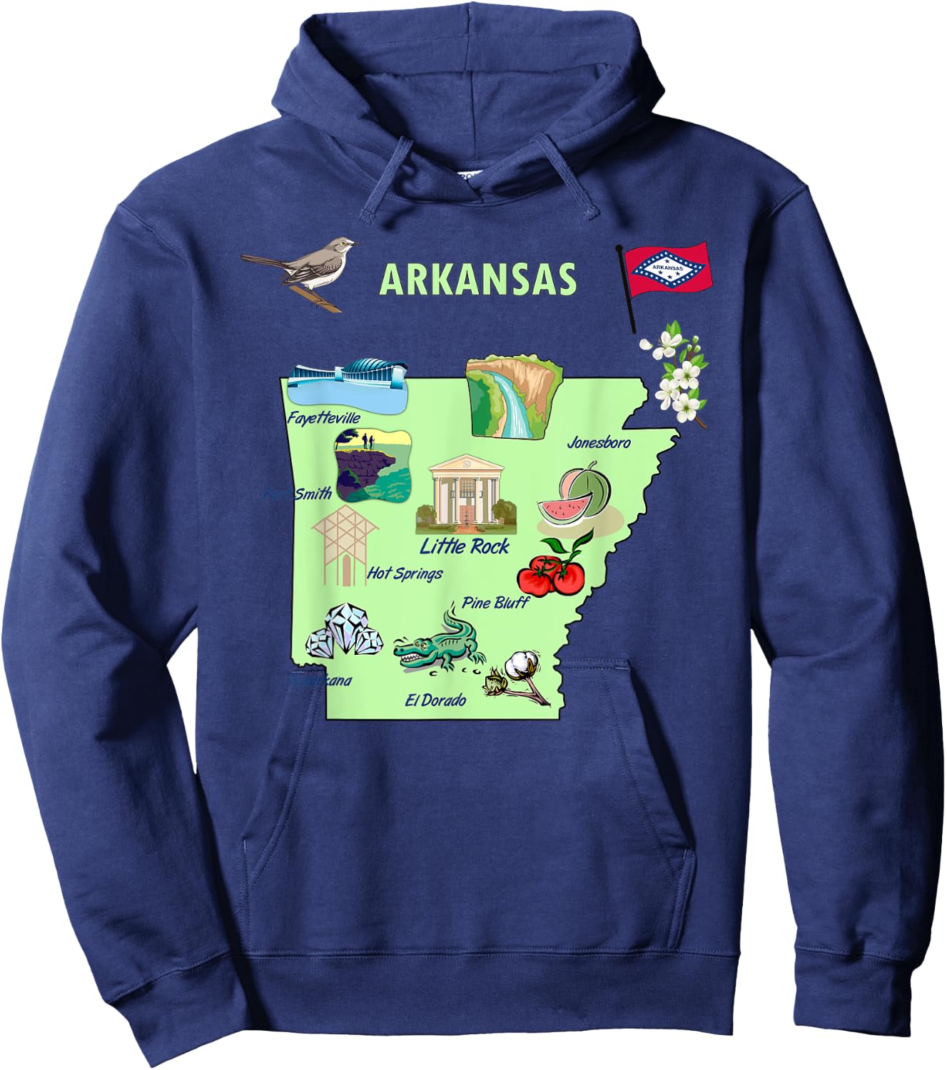 Arkansas state tourist map, landmarks, famous symbols, USA Hoodie - Hoodie | Navy