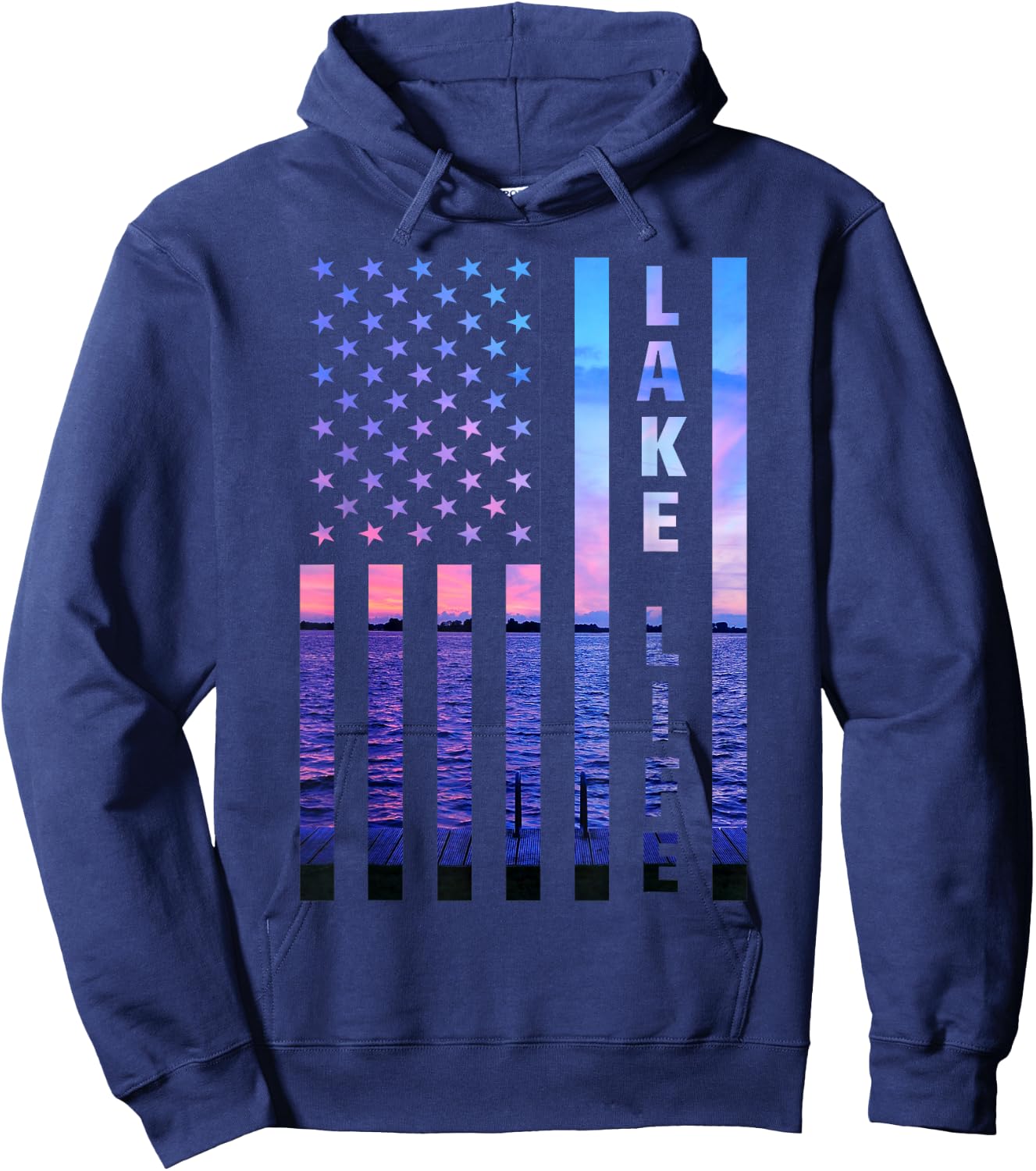 Lake Life American Flag Dock Sunset Wakeboarder Power Boat Hoodie - Hoodie | Navy