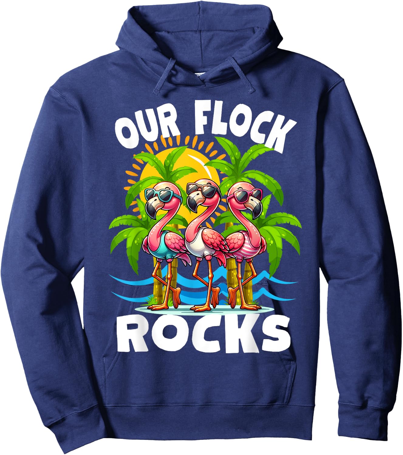 Our Flock Rocks Funny Flamingo Matching Family Vacation Hoodie - Hoodie | Navy