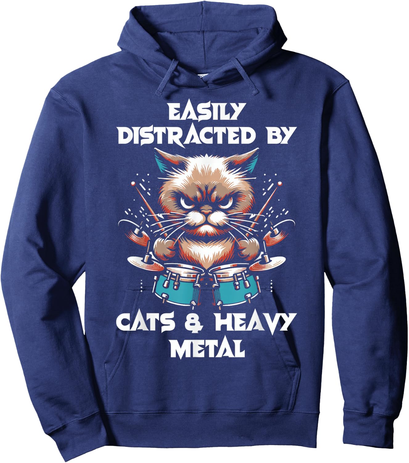 Easily distracted by cats and heavy metals - Funny Rock Cat , Black, S Hoodie - Hoodie | Navy