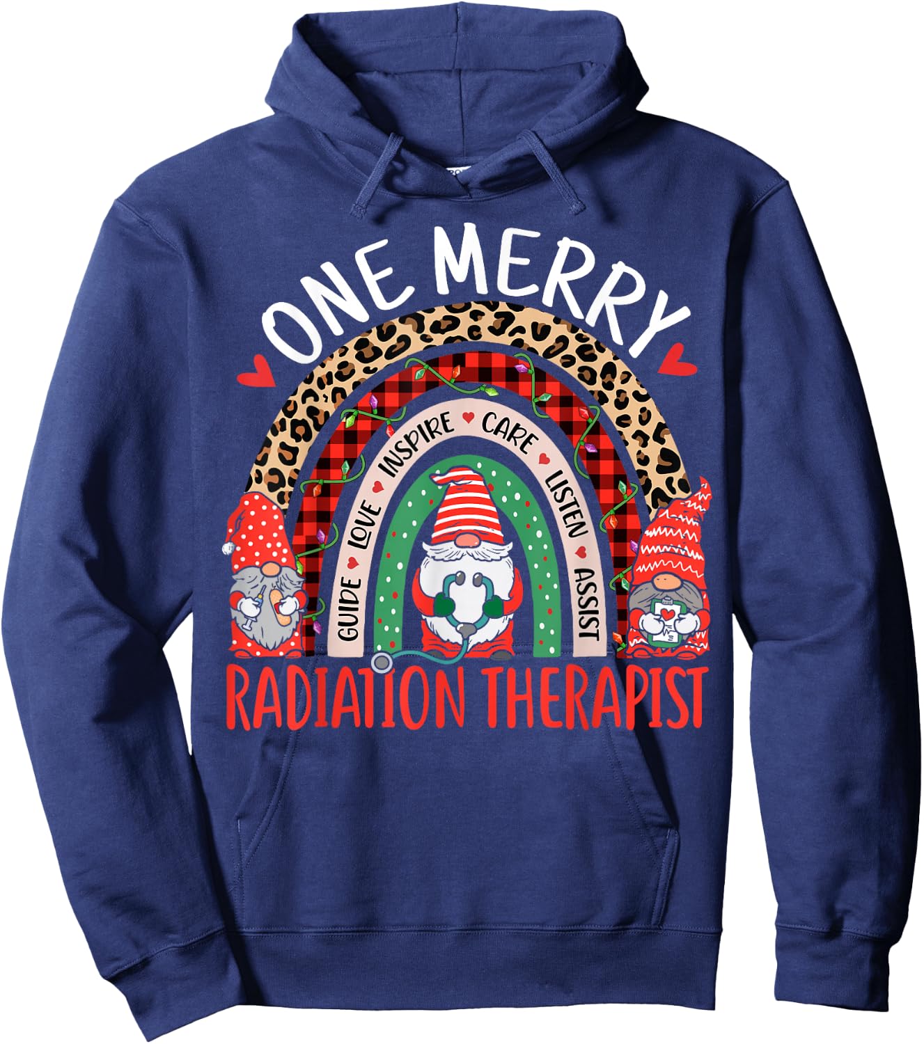 One Merry Radiation Therapist Rainbow Christmas Gnomes Hoodie - Hoodie | Navy