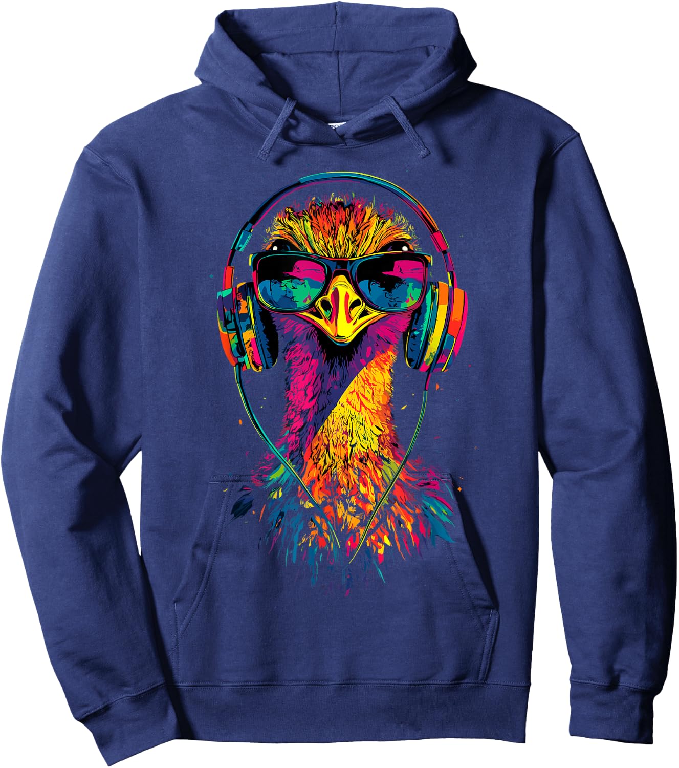 Ostrich Bird with Headphones Colorful Emu Music DJ , Black, S Hoodie - Hoodie | Navy