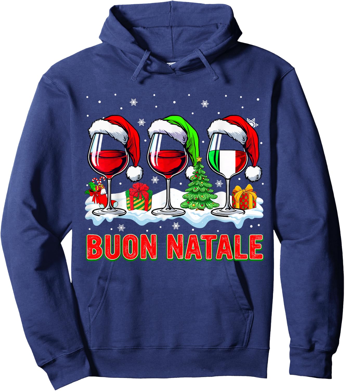 Buon Natale Merry Christmas Italian Three Santa Wine Glasses Hoodie - Hoodie | Navy