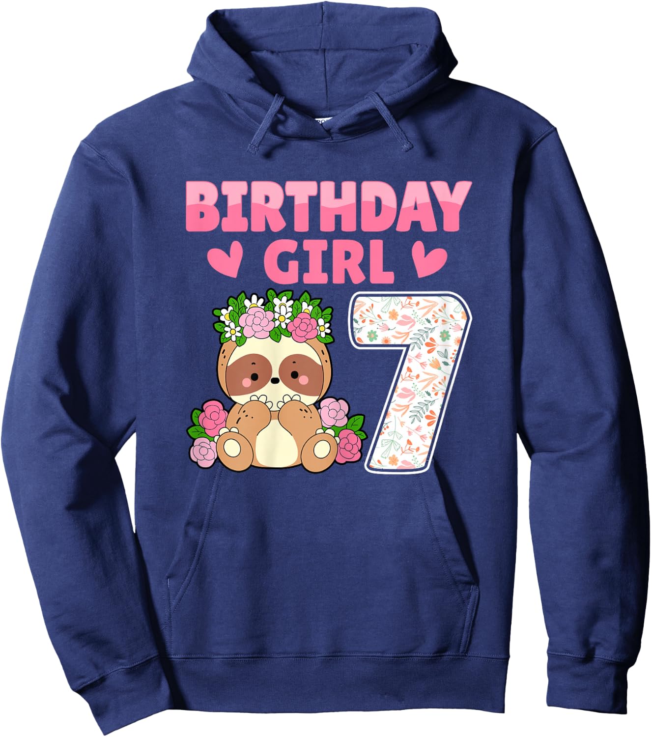 7th Birthday Party Sloth Lover 7 Years Old Birthday Girl Hoodie - Hoodie | Navy