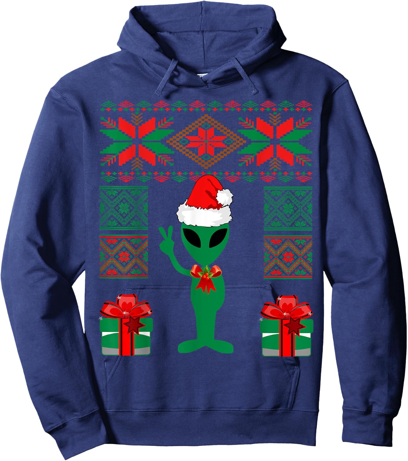Alien Christmas Space UFO Present Peace Sign Santa Hat Hoodie - Hoodie | Navy