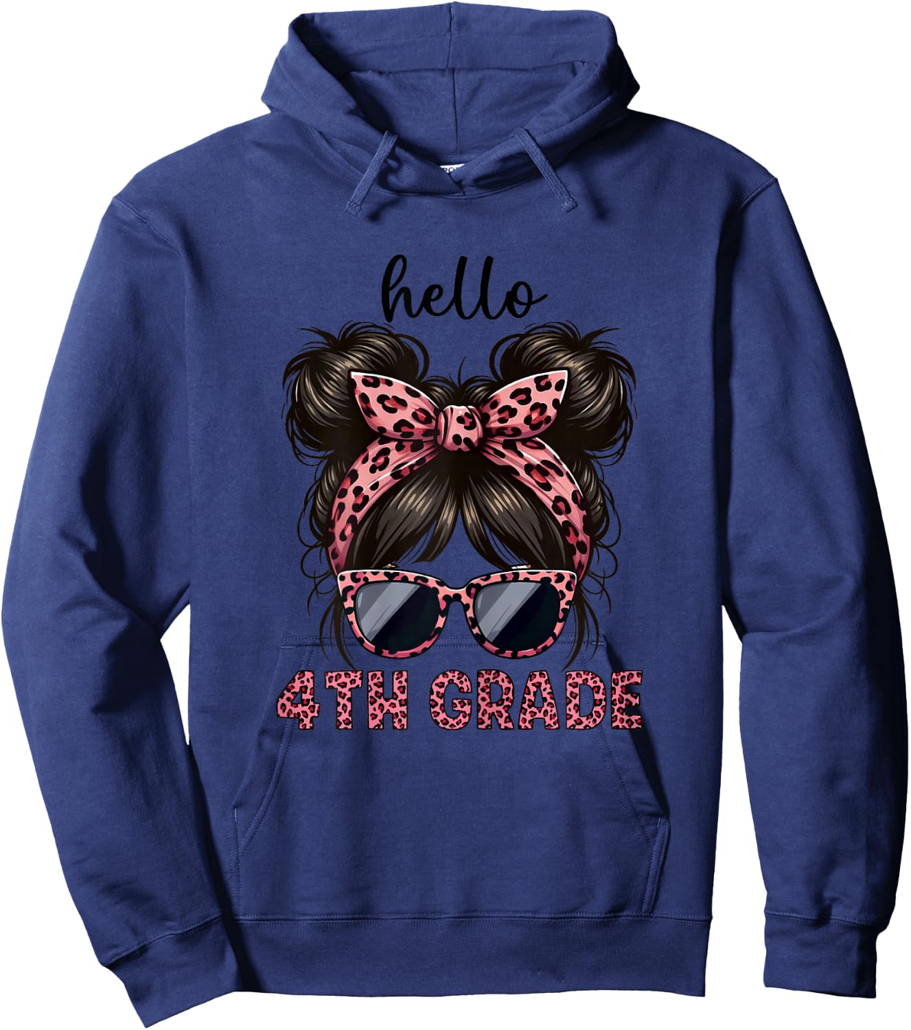 Hello 4th Grade Messy Hair Bun Girl Leopard Back To School Hoodie - Hoodie | Navy