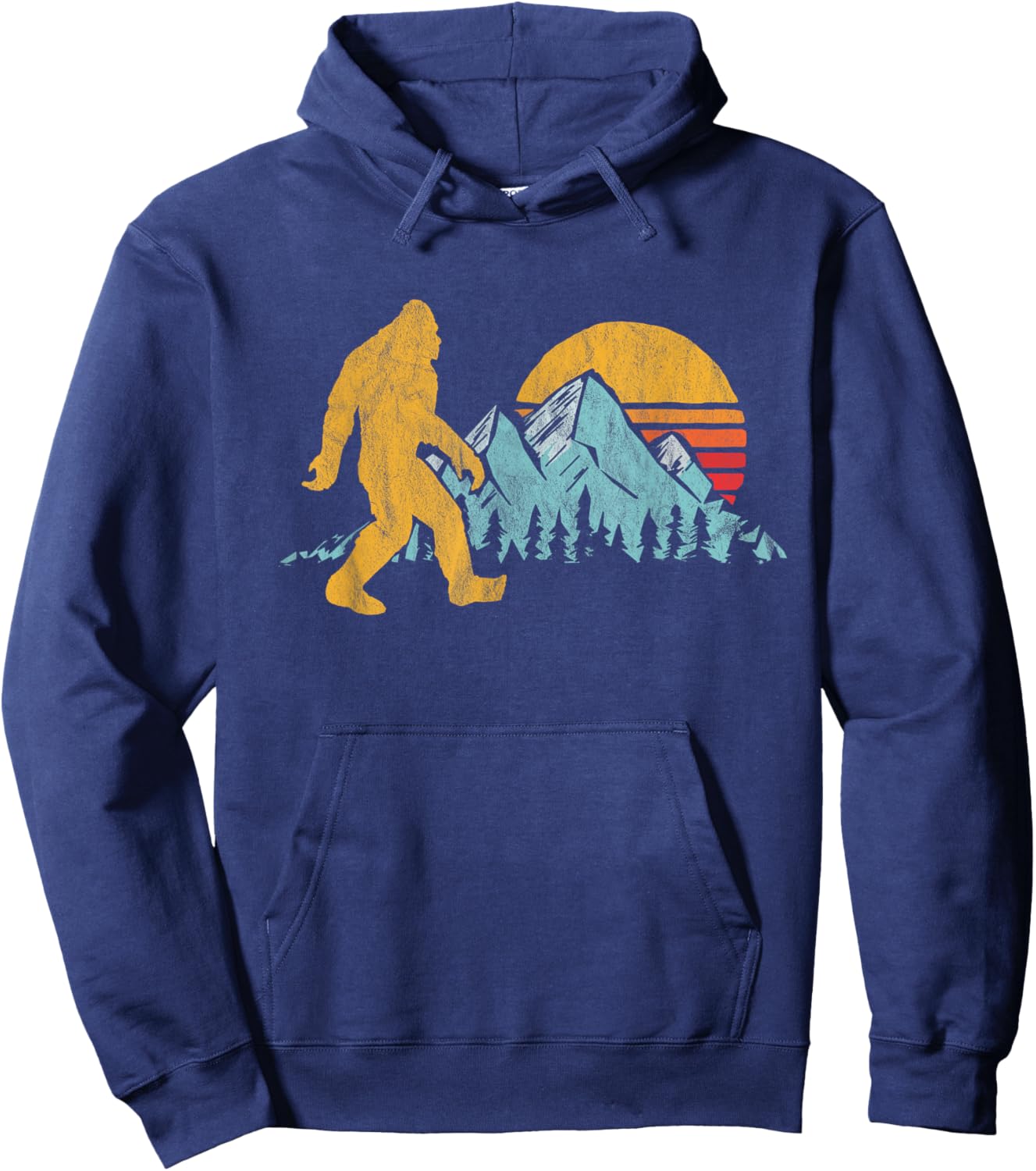 Retro Bigfoot Silhouette Mountain Sun Believe! Graphic Hoodie - Hoodie | Navy
