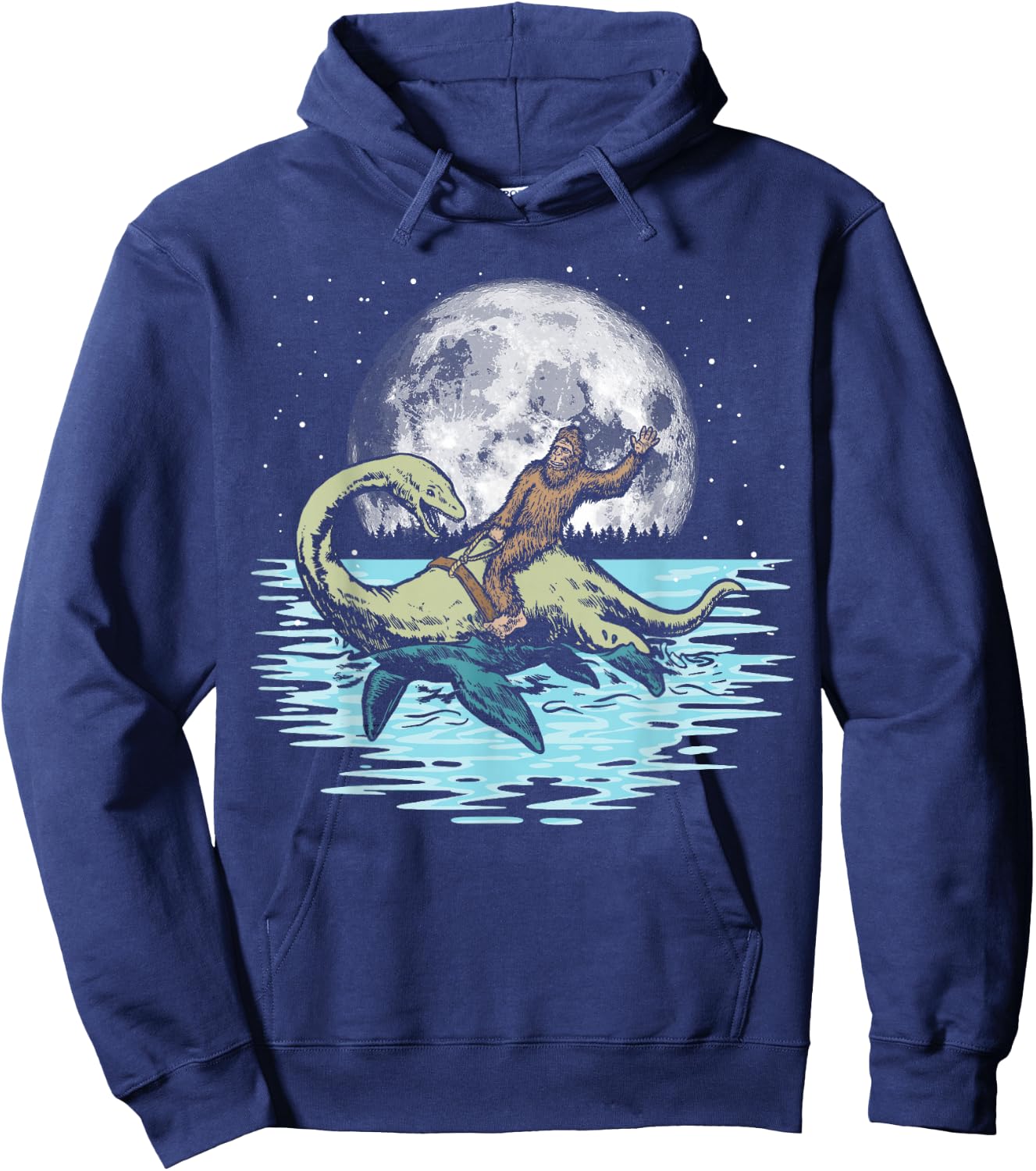 Funny Bigfoot Riding Nessie Loch Ness Monster & Full Moon Hoodie - Hoodie | Navy