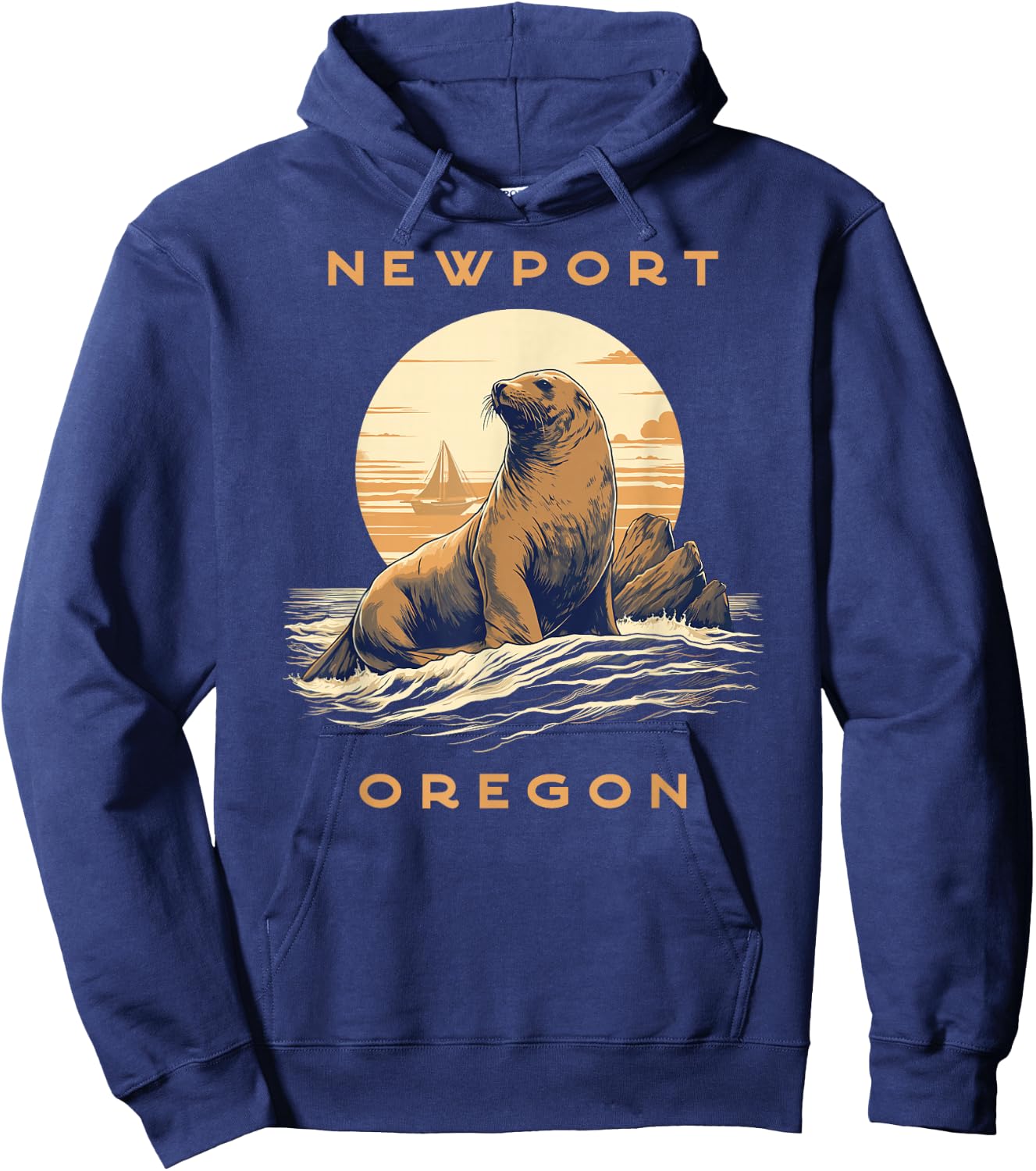 Newport Oregon Vintage Coastal Sea Lion Hoodie - Hoodie | Navy