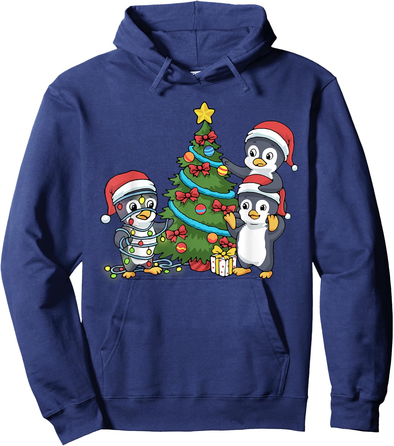 Kids Christmas Penguin Christmas Tree Lights Baubles Hoodie - Hoodie | Navy