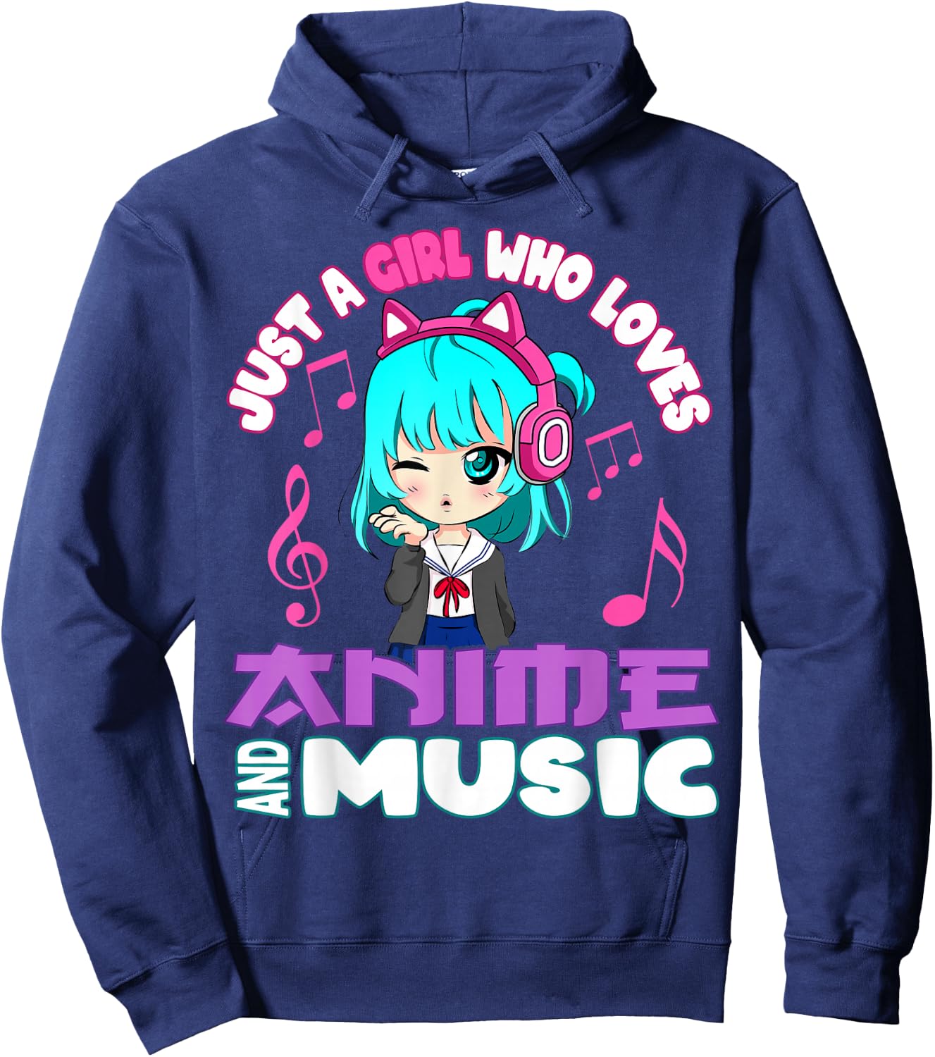 Just a Girl Who Loves Anime and Music Funny Chibi Graphic Hoodie - Hoodie | Navy