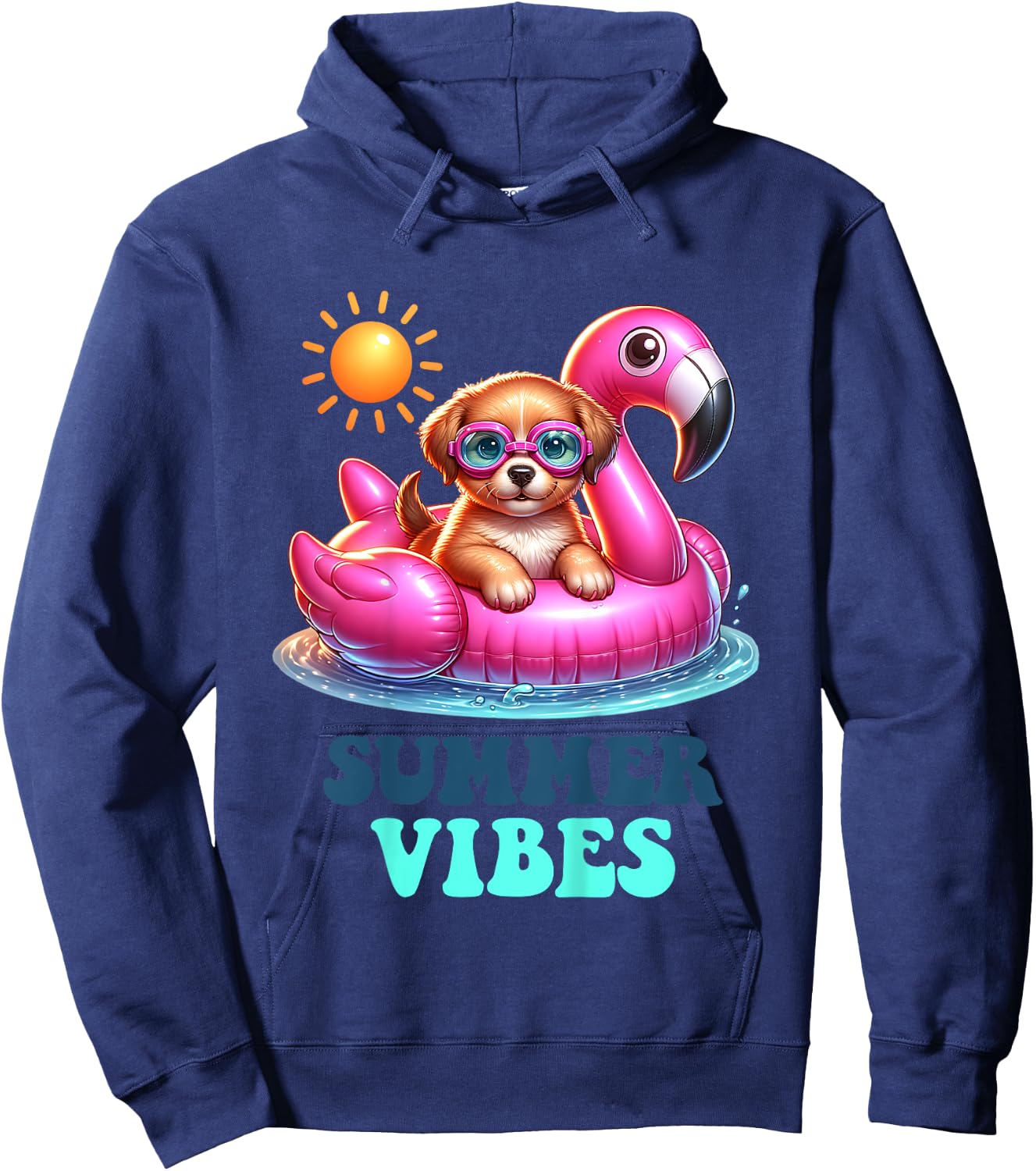 Kids Summer Vibes Beach Lover Cute Puppy Dog Pink Flamingo Girls Hoodie - Hoodie | Navy