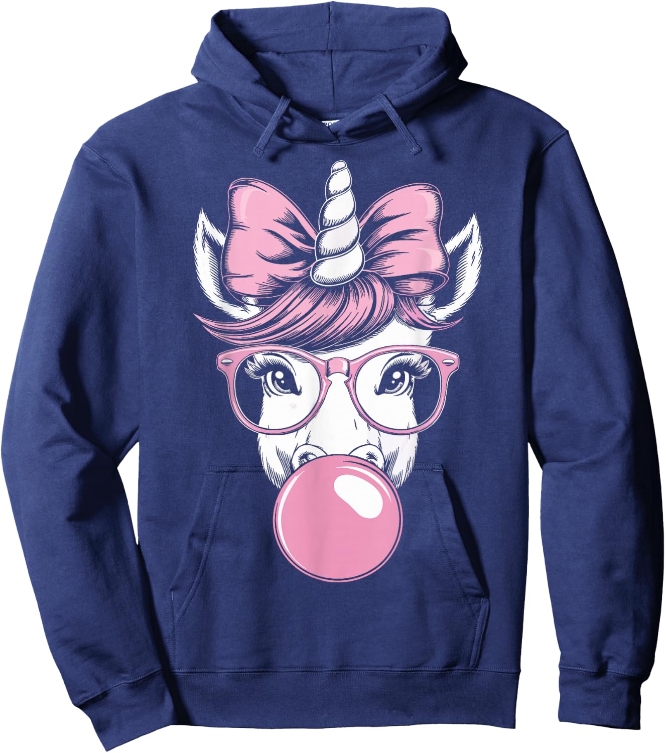 Unicorn Wearing Glasses and Blowing Pink Bubble Gum Hoodie - Hoodie | Navy