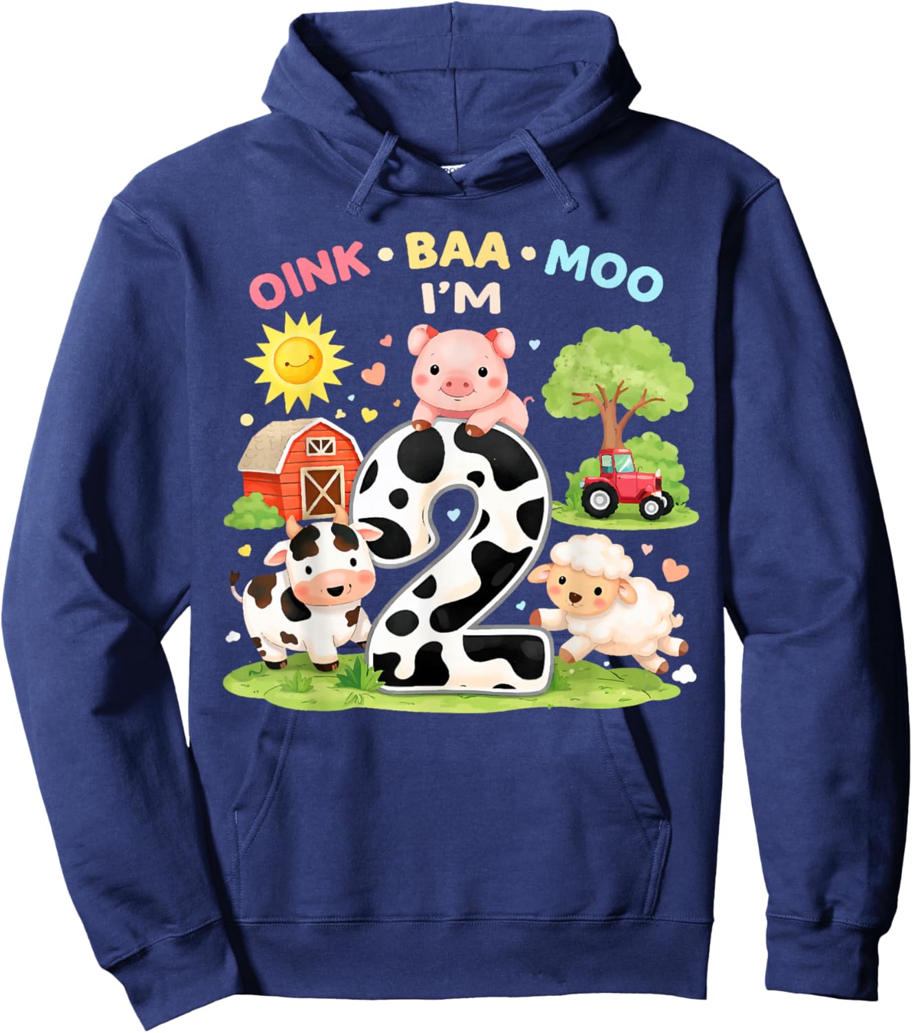 2nd Birthday Farm Theme Oink Baa Moo I'm 2 Birthday Toddler Hoodie - Hoodie | Navy