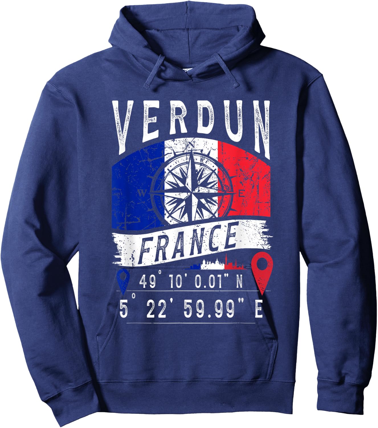 Verdun France Flag GPS Coordinates of Verdun , Black, S Hoodie - Hoodie | Navy
