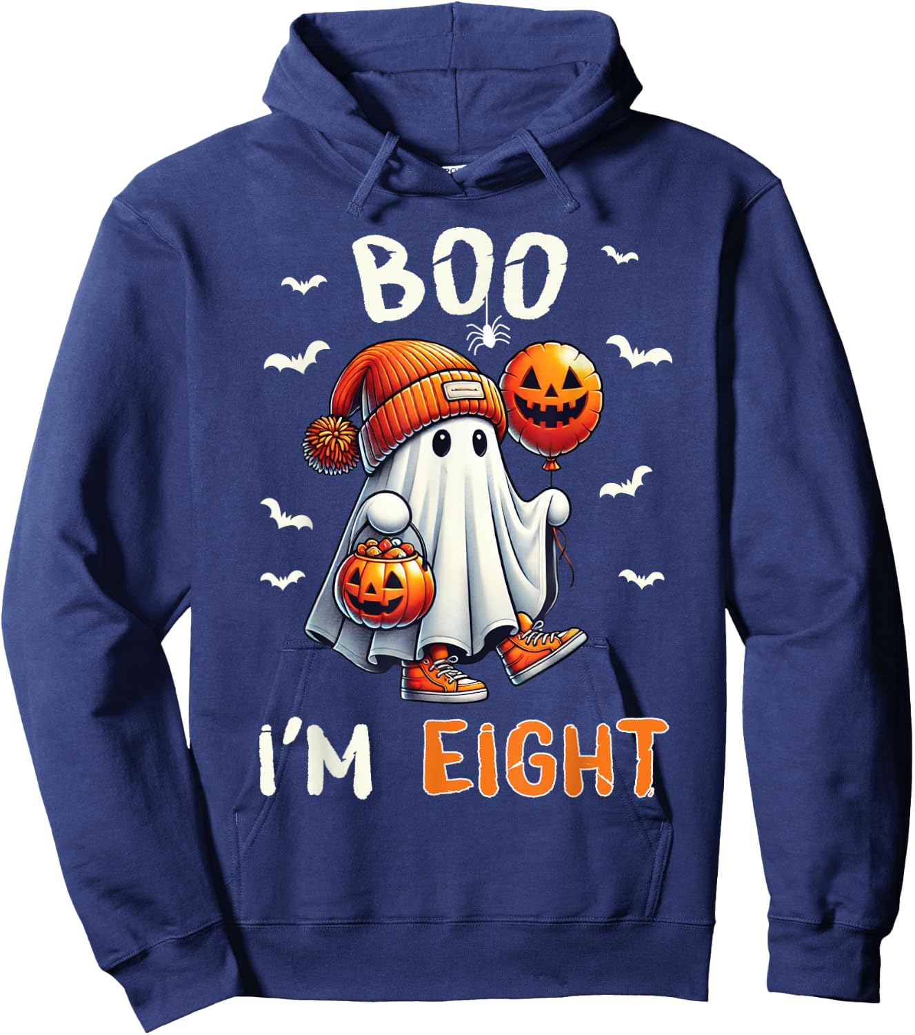 Boo I'm Eight Ghost 8th Birthday Halloween Boy Kids Groovy Hoodie - Hoodie | Navy