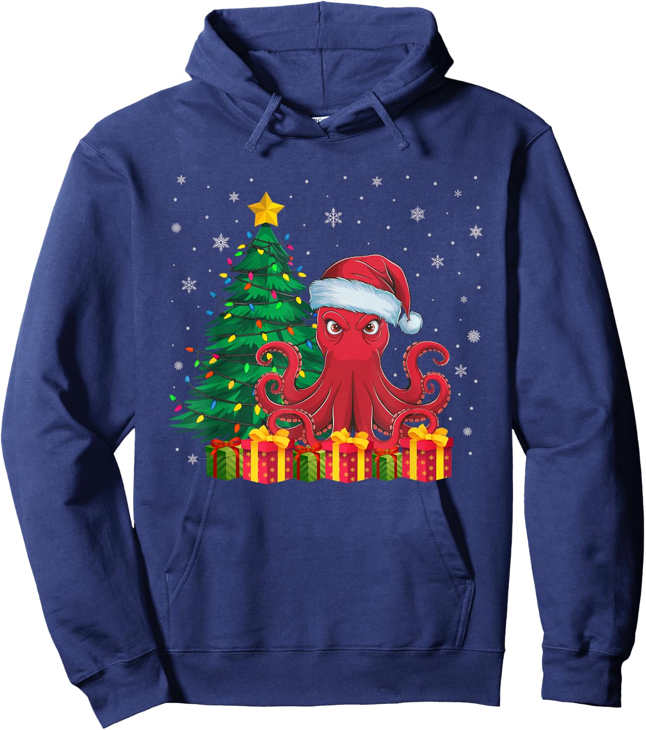 Ugly Octopus Santa Hat Christmas Tree Lights Pajama Hoodie - Hoodie | Navy