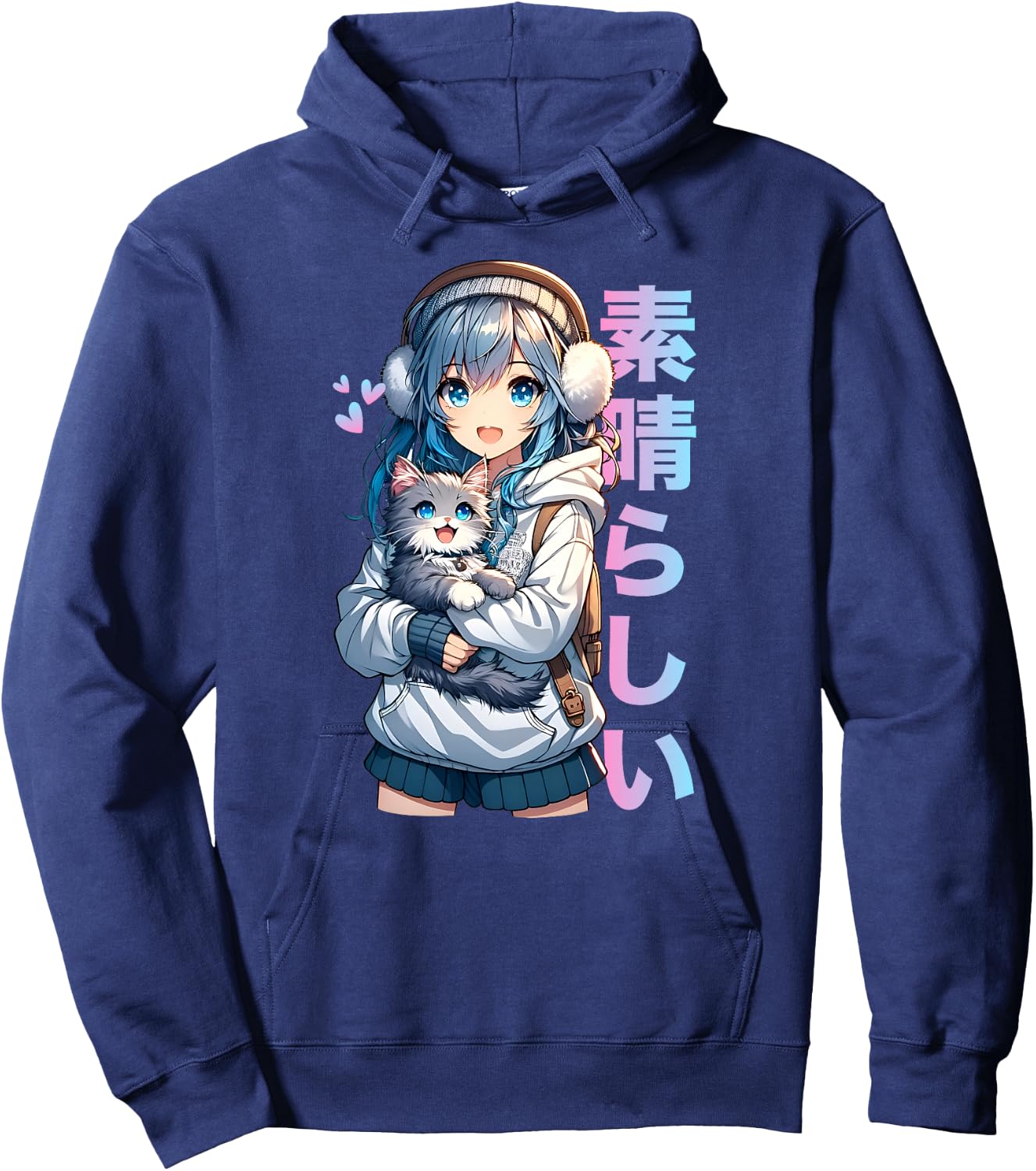 Mignon Anime Fille avec Un Chat pour Amoureux des Chats Kawaii Otaku Manga Haut de Gamme Hoodie - Hoodie | Navy
