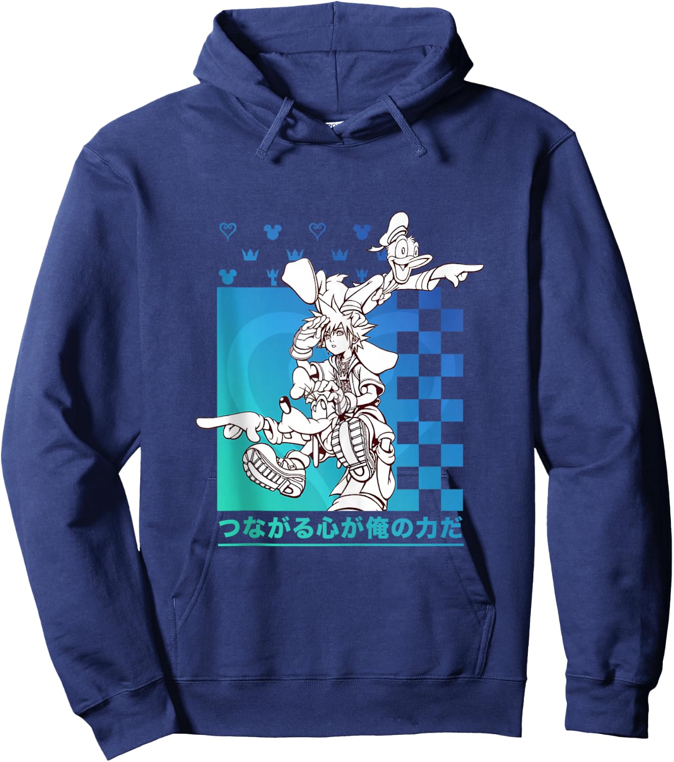Disney Kingdom Hearts Sora Donald Goofy Kanji Checkerboard Hoodie - Hoodie | Navy