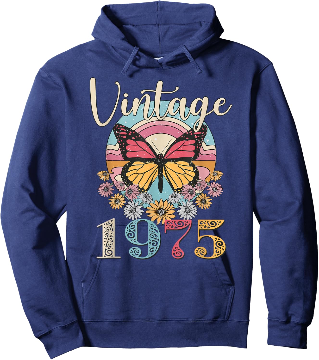 Vintage 47th 1975 Butterfly Floral Birthday Women Mom Gifts Hoodie - Hoodie | Navy