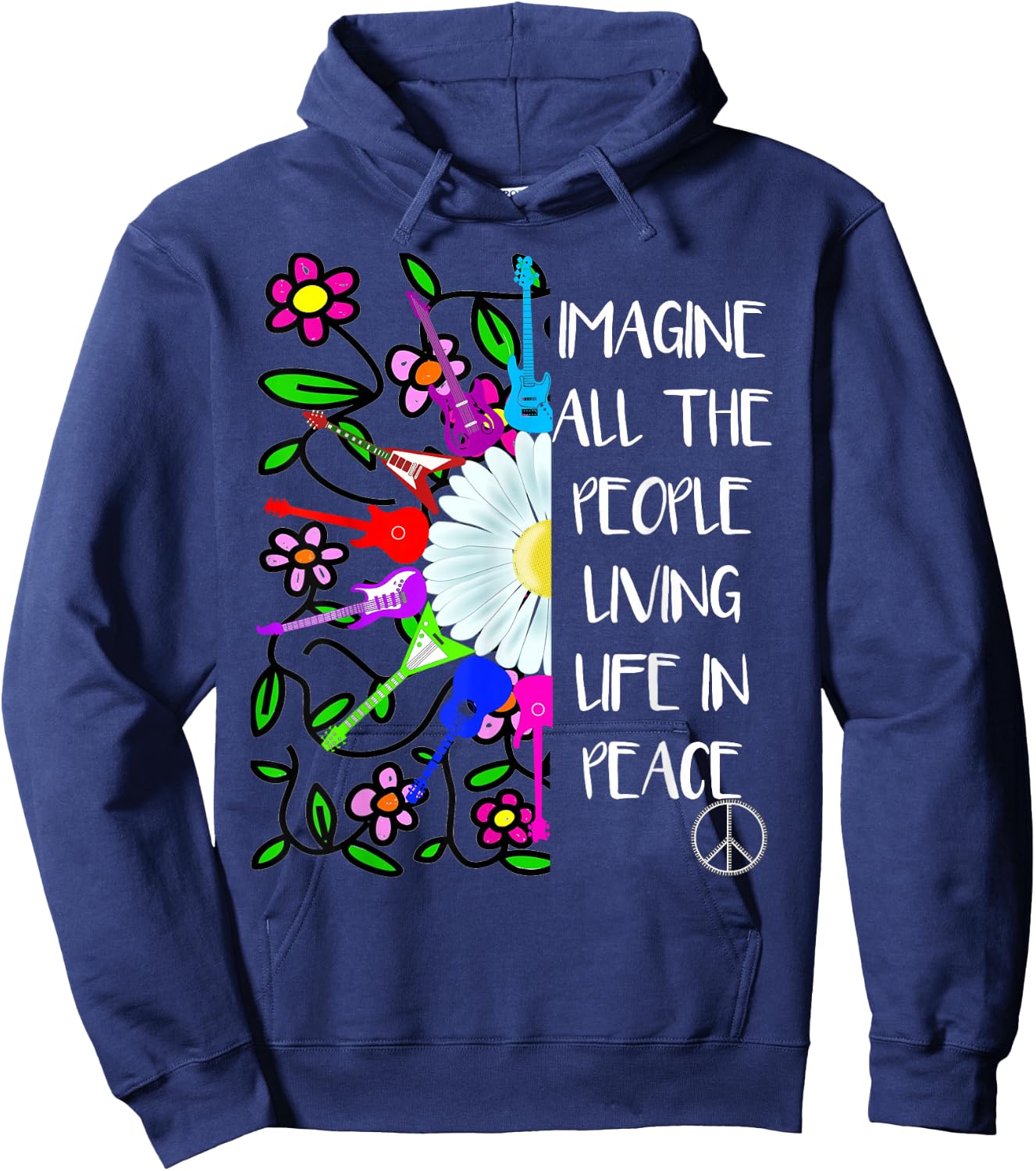Imagine Peace Groovy Hippie Colorful 70s Folk Rock Music Hoodie - Hoodie | Navy