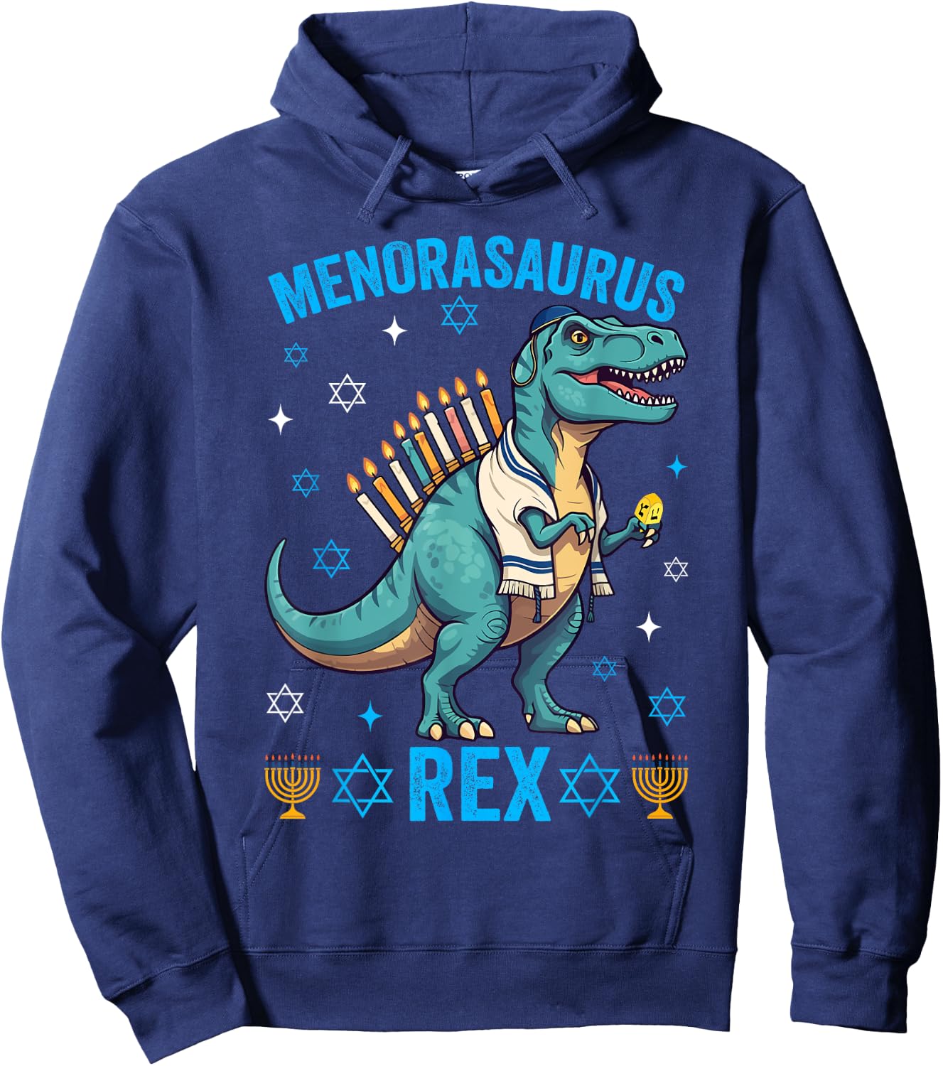 Funny Hanukkah Menorasaurus Trex Dinosaur Jewish Chanukah Hoodie - Hoodie | Navy
