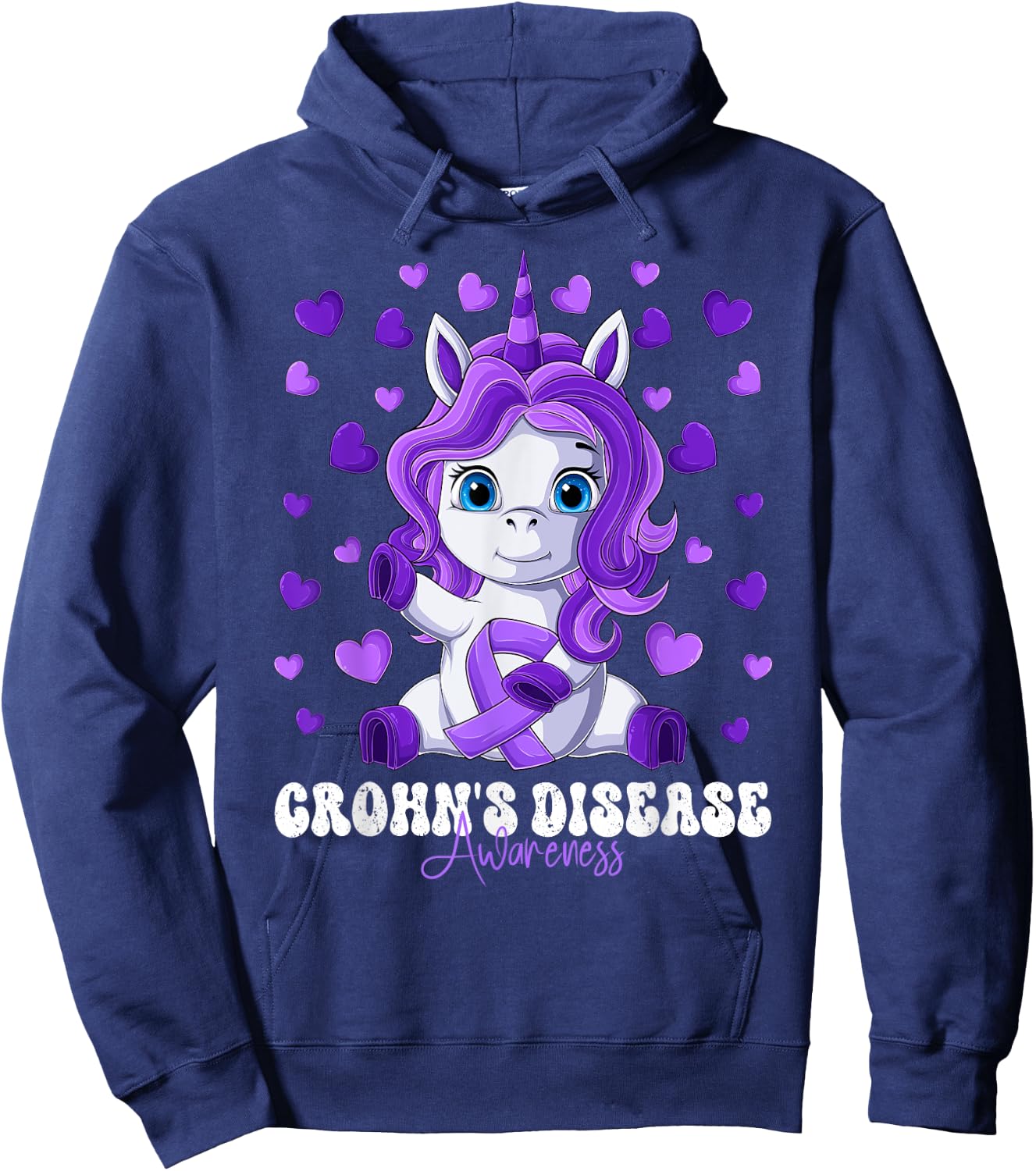 Crohn's Disease Awareness Month Purple Ribbon Unicorn Hoodie - Hoodie | Navy