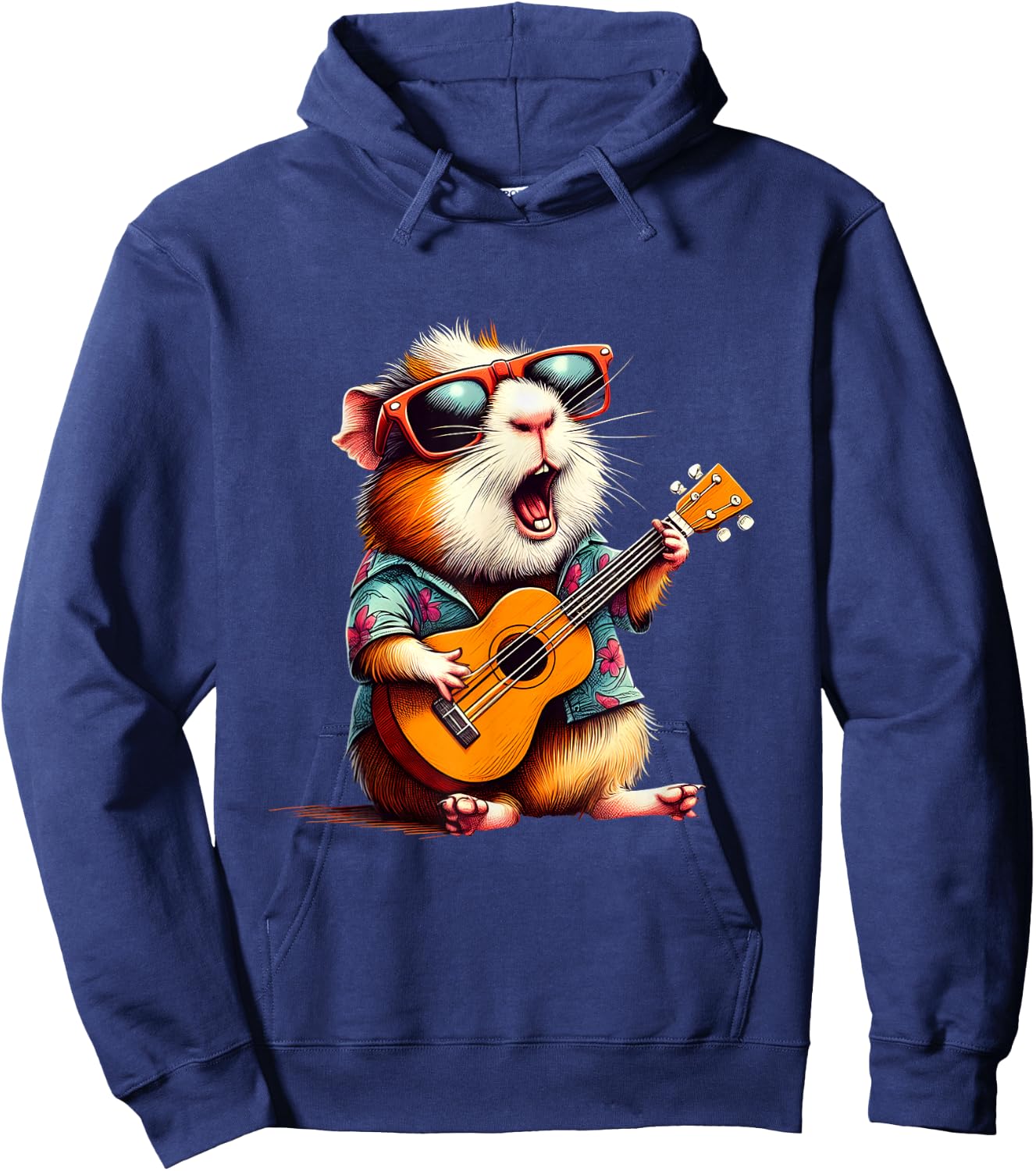 Guinea Pig Wearing a Hawaiian Shirt, Playing a Ukulele Hoodie - Hoodie | Navy