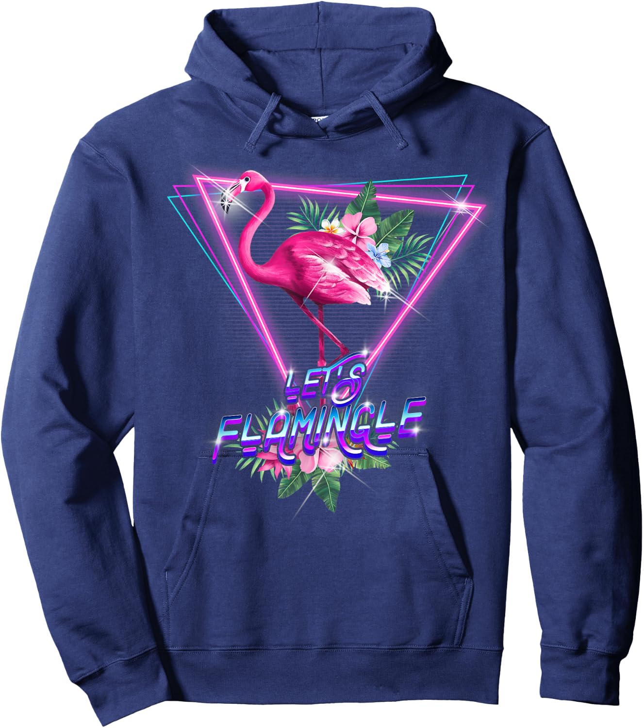 Retro 80s Botanical Tropical Leaf Flowers Let's Flamingle Hoodie - Hoodie | Navy