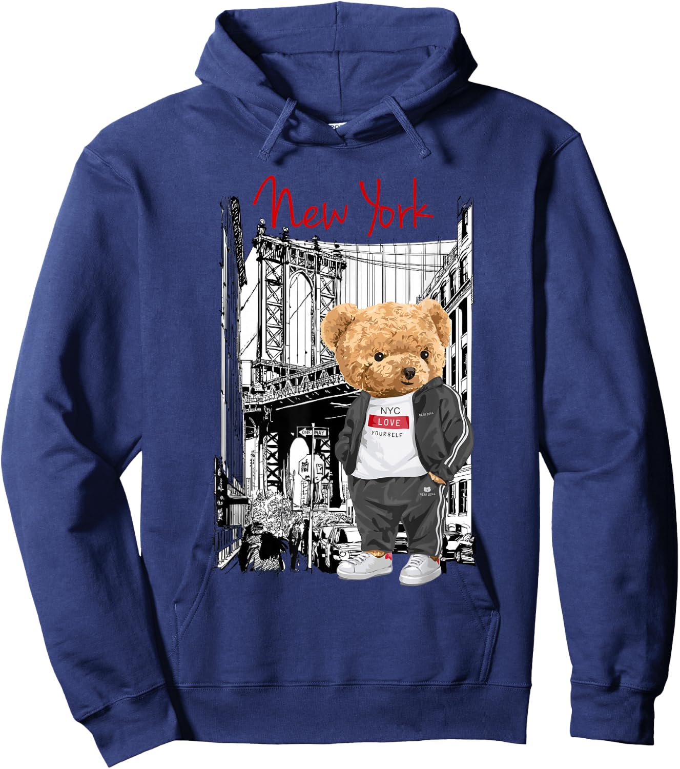 Cool New York City Teddy Bear Illustration Graphic Designs , Black, S Hoodie - Hoodie | Navy