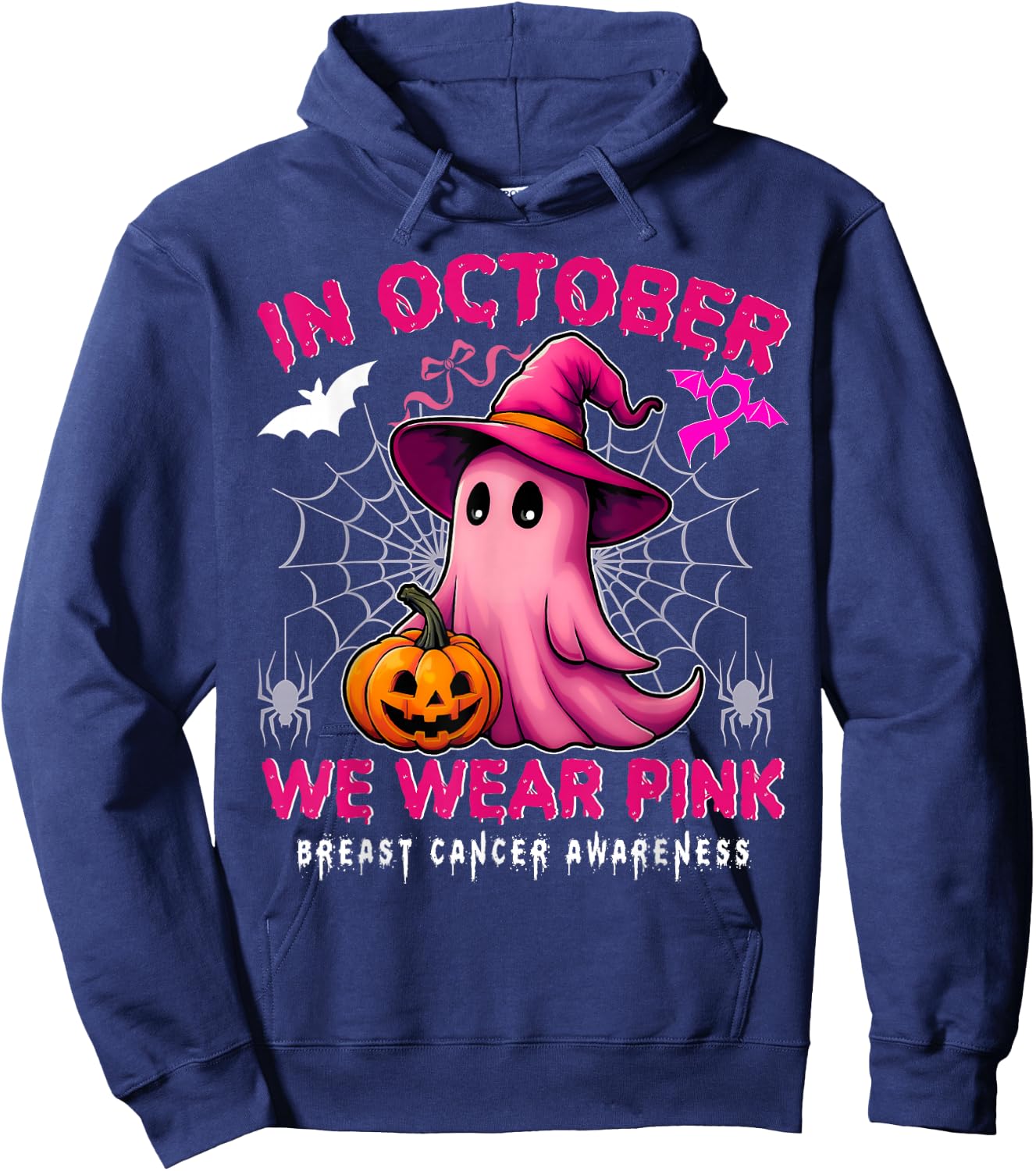 In October We Wear Pink Breast Cancer Awareness Halloween Hoodie - Hoodie | Navy