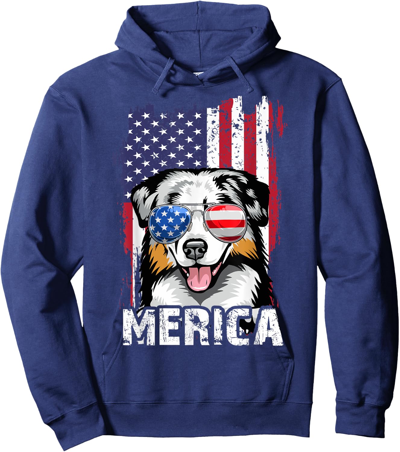 Merica Australian Shepherd 4th of July USA Flag Aussie Dog Kids Men Hoodie - Hoodie | Navy