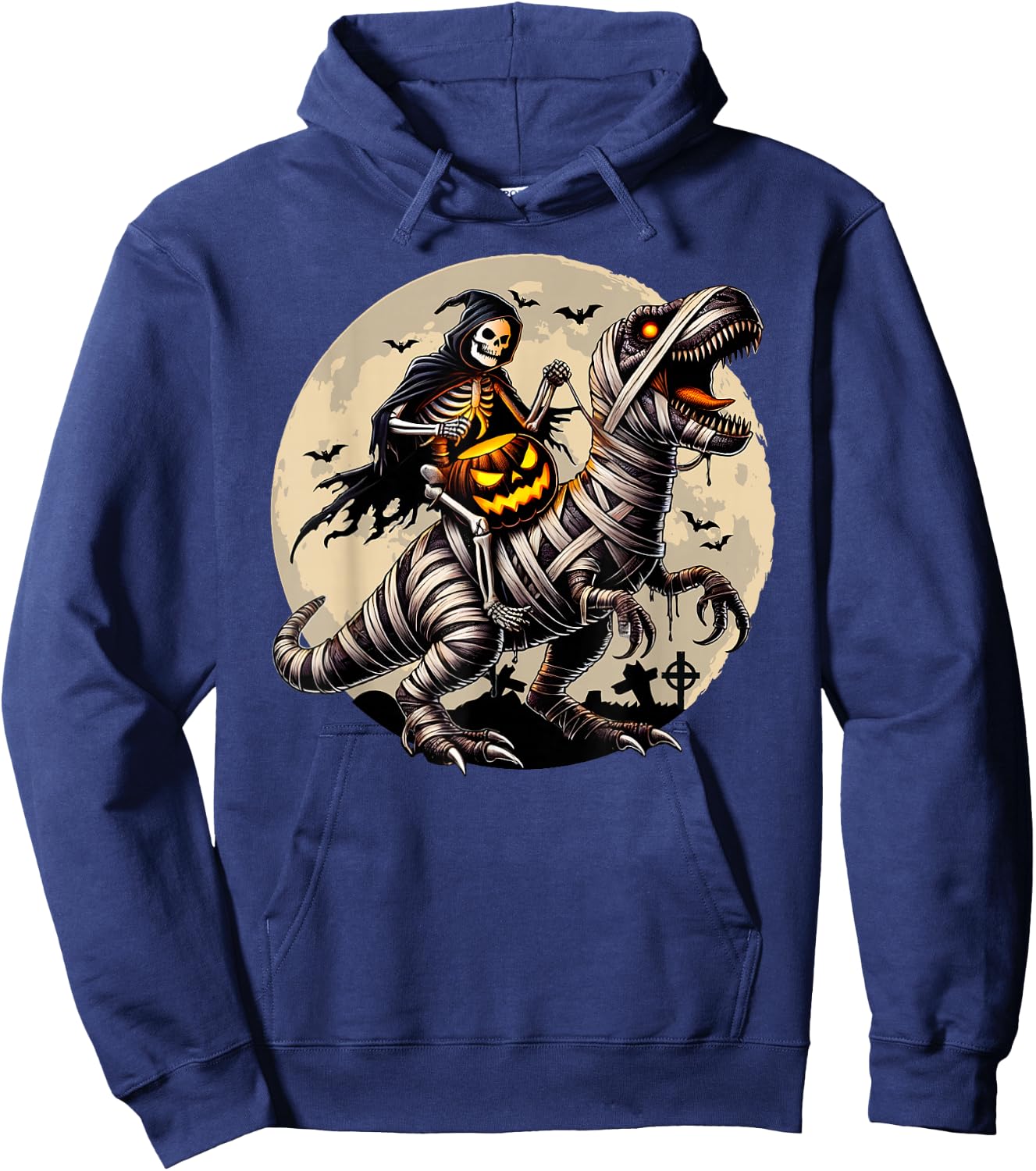 Skeleton Riding Mummy Dinosaur T Rex Pumpkin Funny Halloween Hoodie - Hoodie | Navy