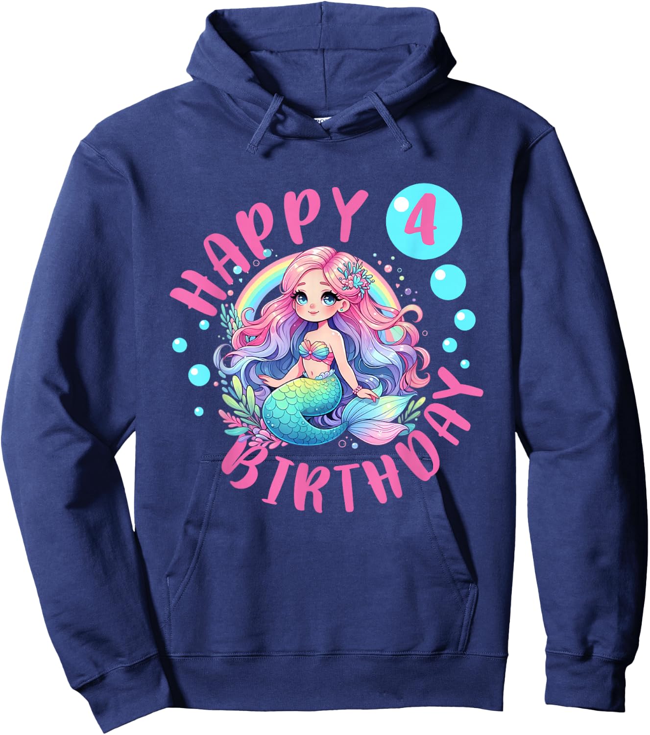 Happy Mermaid 4th Birthday Girl 4 Year Old Bday Mermaid Hoodie - Hoodie | Navy