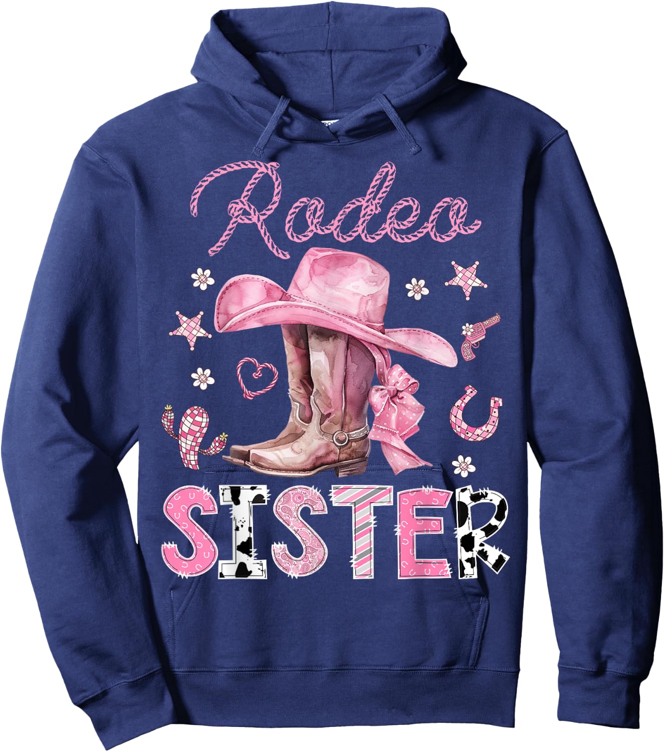 Rodeo Sister Pink Boots Coquette CowGirl 1St Birthday Hoodie - Hoodie | Navy