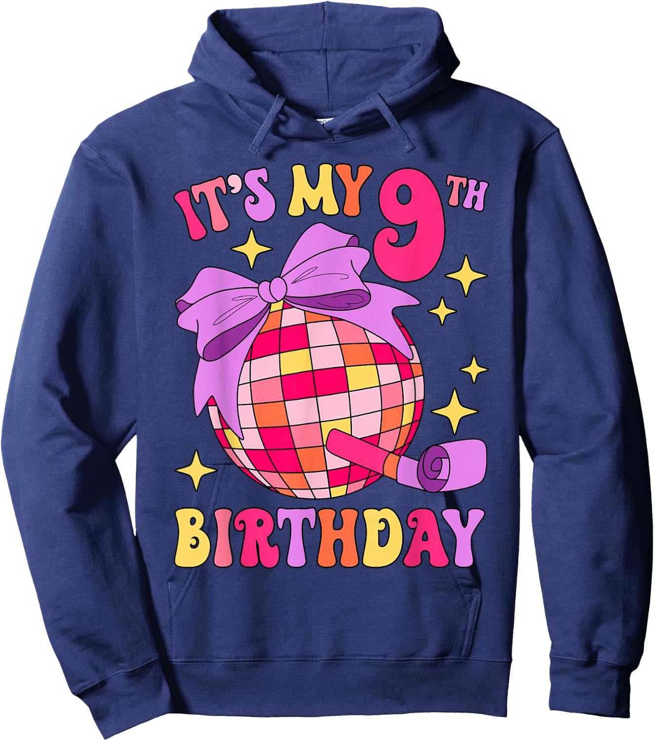 It's My 9th Birthday Disco Bow Party 9 Years Old Kids Girls Hoodie - Hoodie | Navy