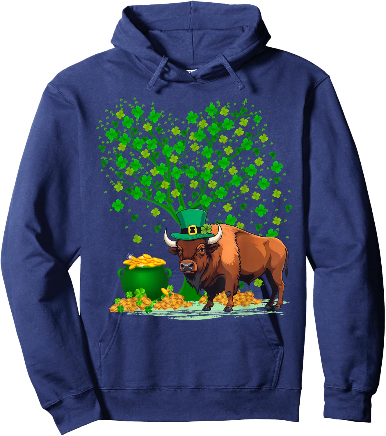 Shamrock Tree Leprechaun Hat Bison St Patrick's Day Hoodie - Hoodie | Navy