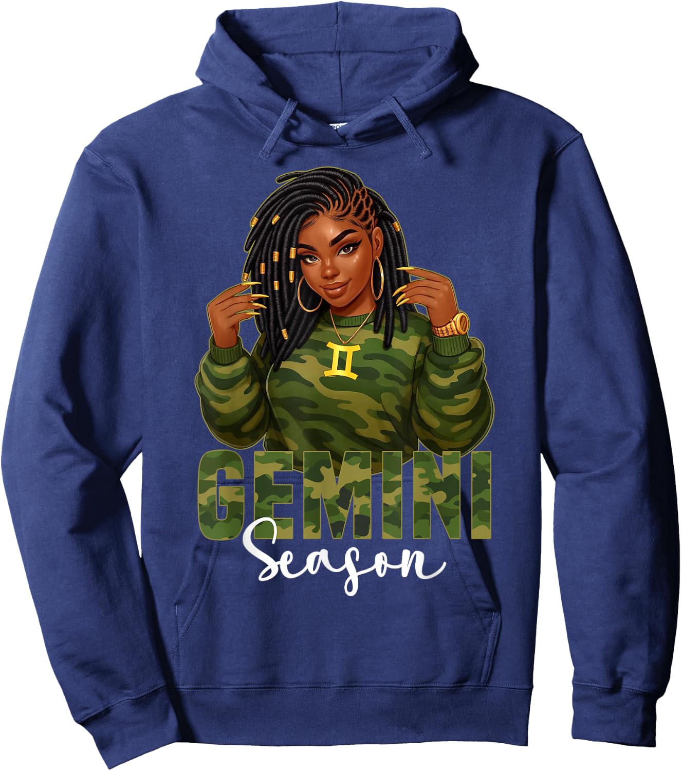 Gemini Season Loc'd Black Woman Camo Zodiac Sign Hoodie - Hoodie | Navy