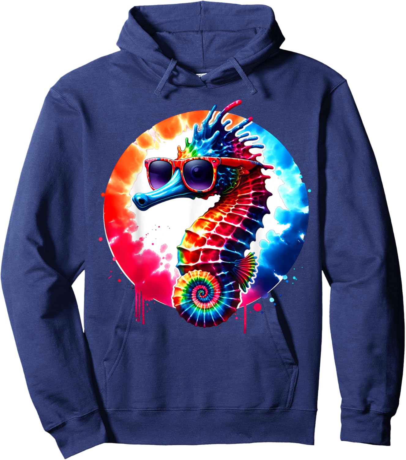 Cool Graphic Tie Dye Sunglasses Seahorse Illustration Art Hoodie - Hoodie | Navy