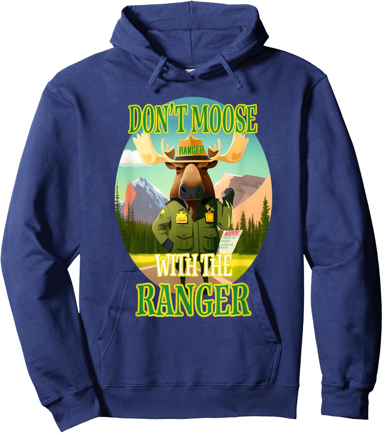 Manic Merchant Moose 'Don't Moose with the Ranger' -Adults Black Cotton/Polyester Classic Fit Short Sleeve Hoodie - Hoodie | Navy