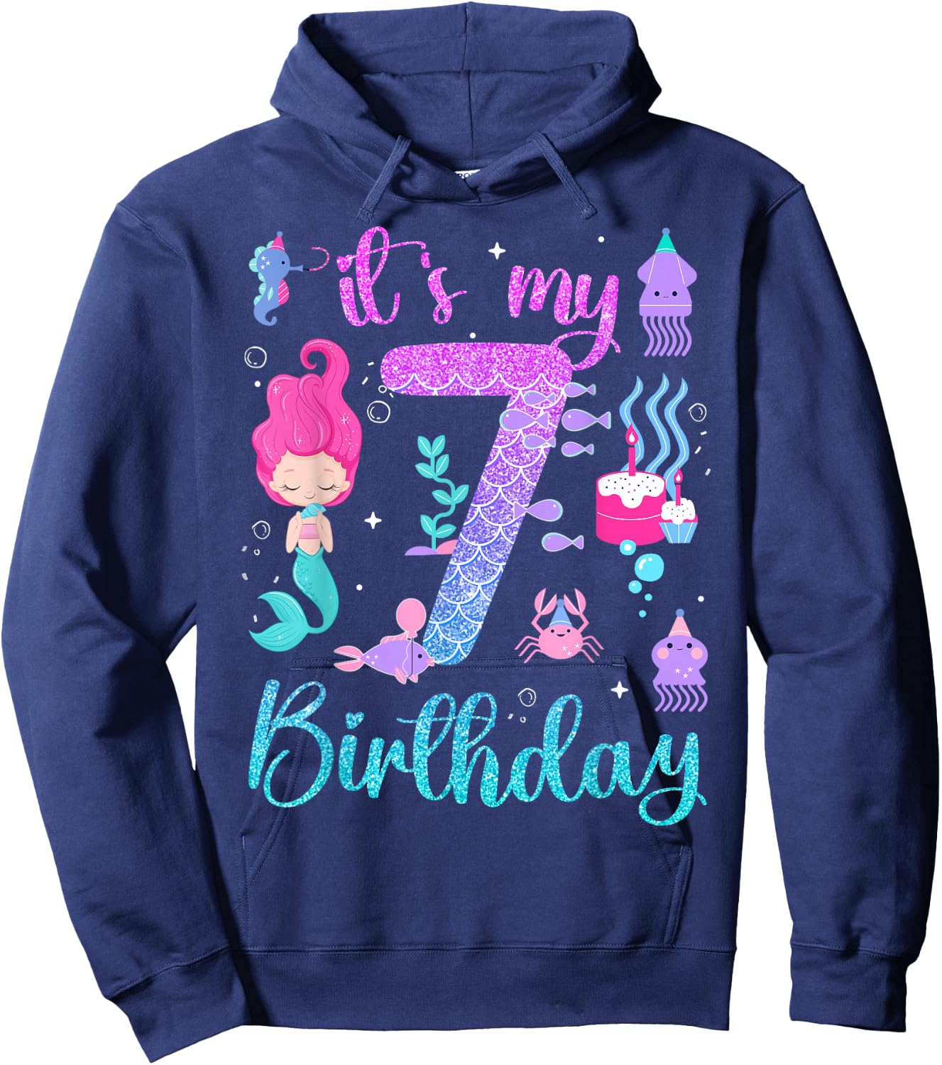 Mermaid Birthday Girls 7 Years Old Its My 7th Bday Mermaid Hoodie - Hoodie | Navy