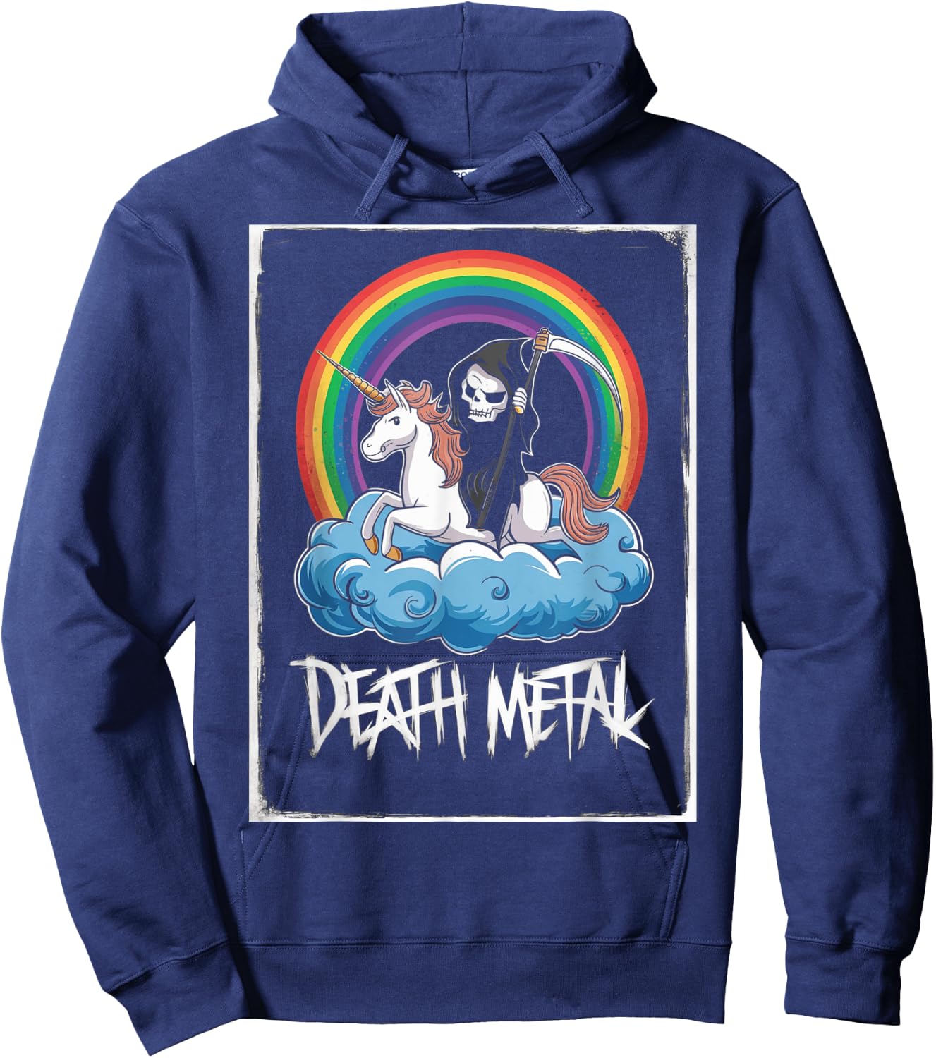 Grim Reaper Rides Unicorn Under Rainbow Death Metal Rocker Hoodie - Hoodie | Navy