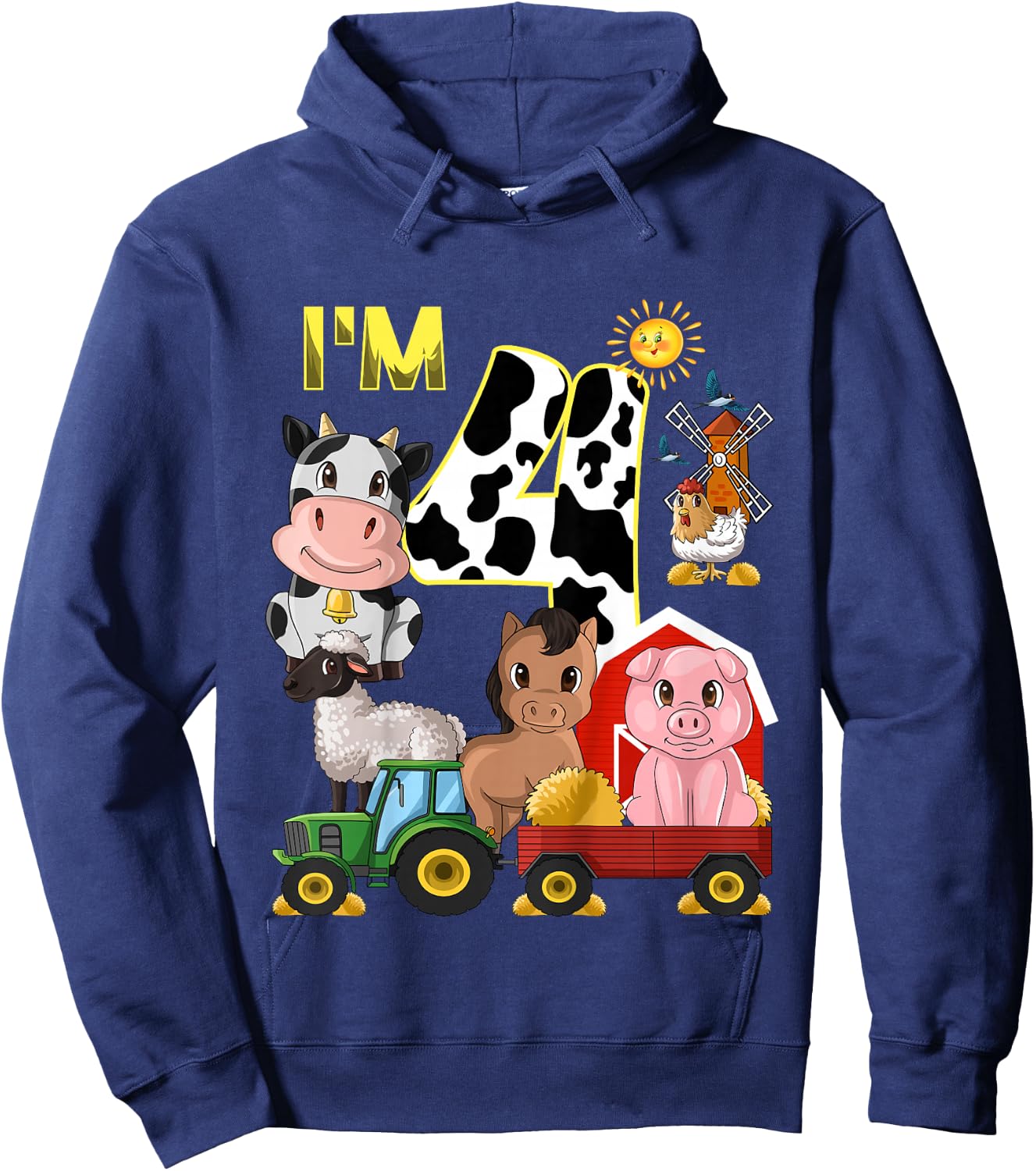 Kids Farm Animals Tractor 4th Birthday 4 Year Old Birthday Party Hoodie - Hoodie | Navy